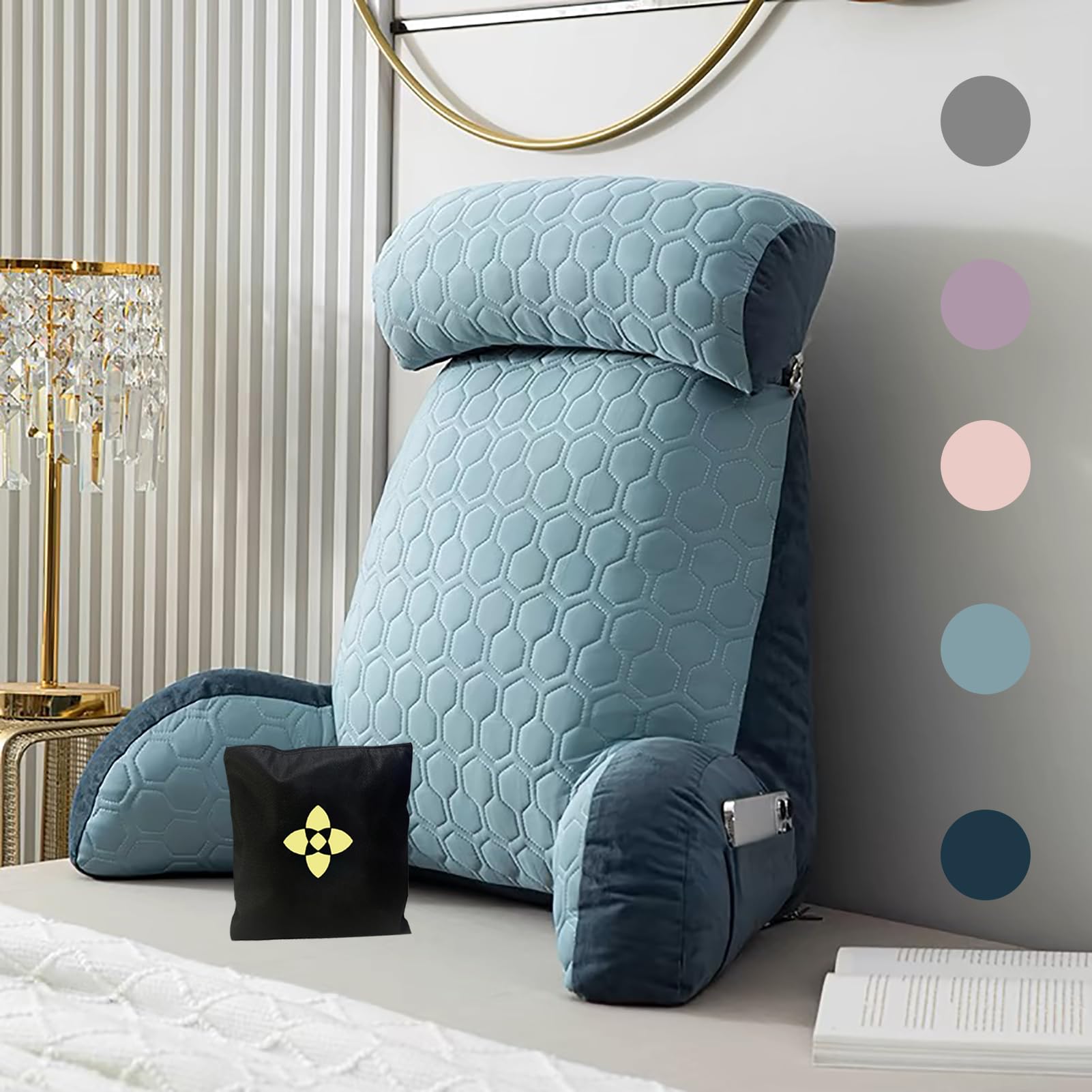 Cctsa Sky Blue Ergonomic Reading Pillows For Bed Sofa Back Support Cushion With Handle Pocket And Detachable Neck Lumbar Support Pillow With Support Arms Waist Pillow Backrest Pillow For Gaming Reading