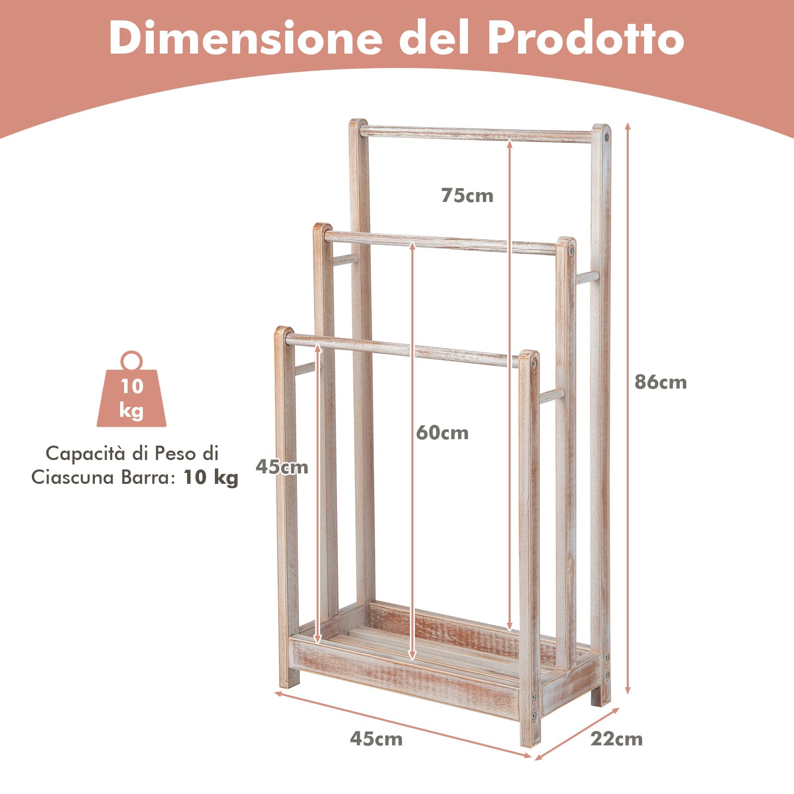 COSTWAY Portasciugamani in Legno da Terra, Porta Asciugamani a 3 Livelli con Mensola Inferiore, Dispositivo Anti-Ribaltamento, Supporto Leggero per Asciugamani da Bagno e Stanza Lavanderia (Bianco)