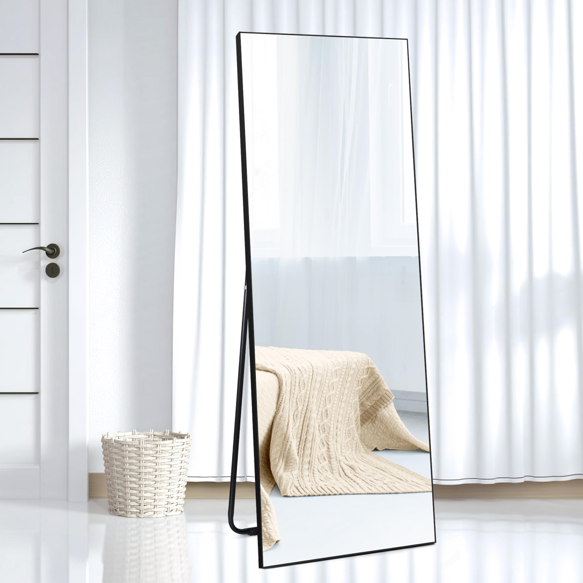 HORLIMER Lustro Ścienne 140x51cm, Lustro Stojące z Czarną Ramą