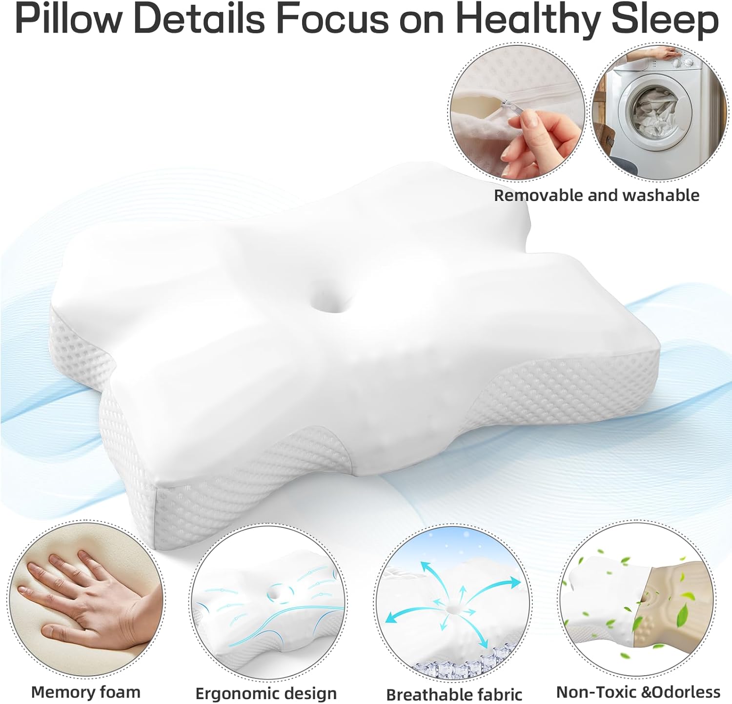 Cervical Neck Pillow for Pain Relief, Ergonomic Neck Support Pillow for Side Sleeper, Contour Memory Foam Pillows with Cooling Pillowcase Orthopedic Bed Pillow for Back Stomach Sleepers, White
