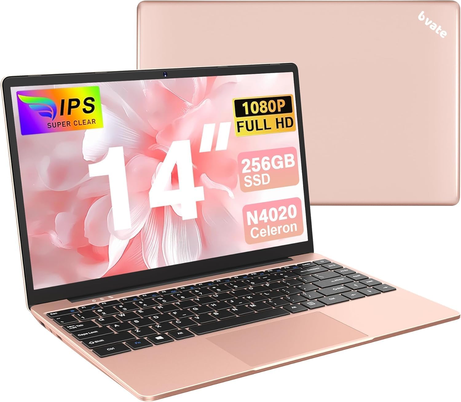 Ordinateur Portable 14 Pouces 256 Go Win 11 N4020 Support Expansion 1 to SSD 1080P 2.4G+5G WiFi Mini HDMI & Souris sans Fil et Un Film de Clavier AZERTY pour Clavier - Or Rose