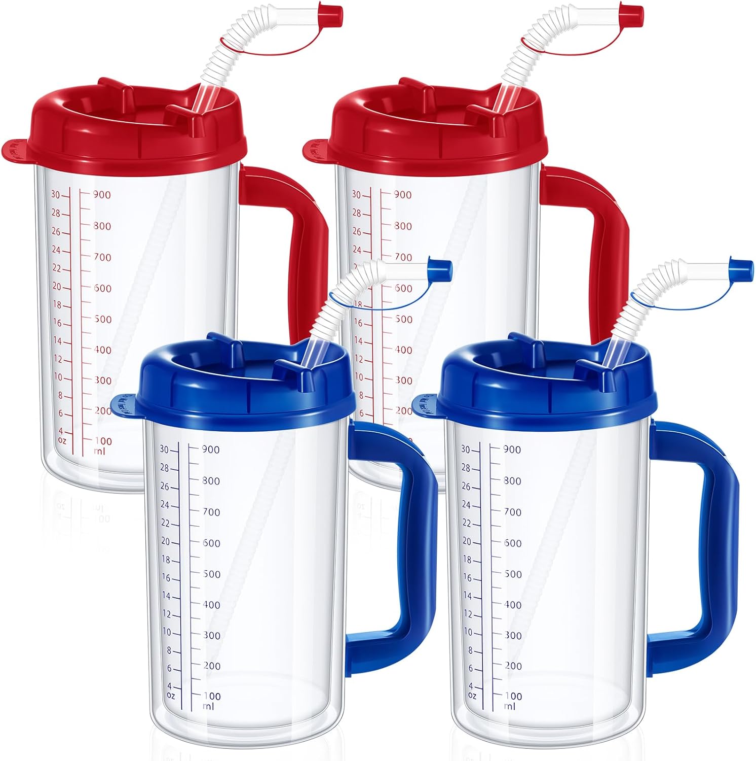32 oz Hospital Water Cup with Straw and Lid Insulated Double Walled Water Cup with Handle and Straw Elderly Bottle Plastic Drinking Hospital Carafe Insulated Mug(Red and Blue,4)