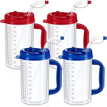 32 oz Hospital Cup with Straw Lid, Red and Blue, 4 Pcs