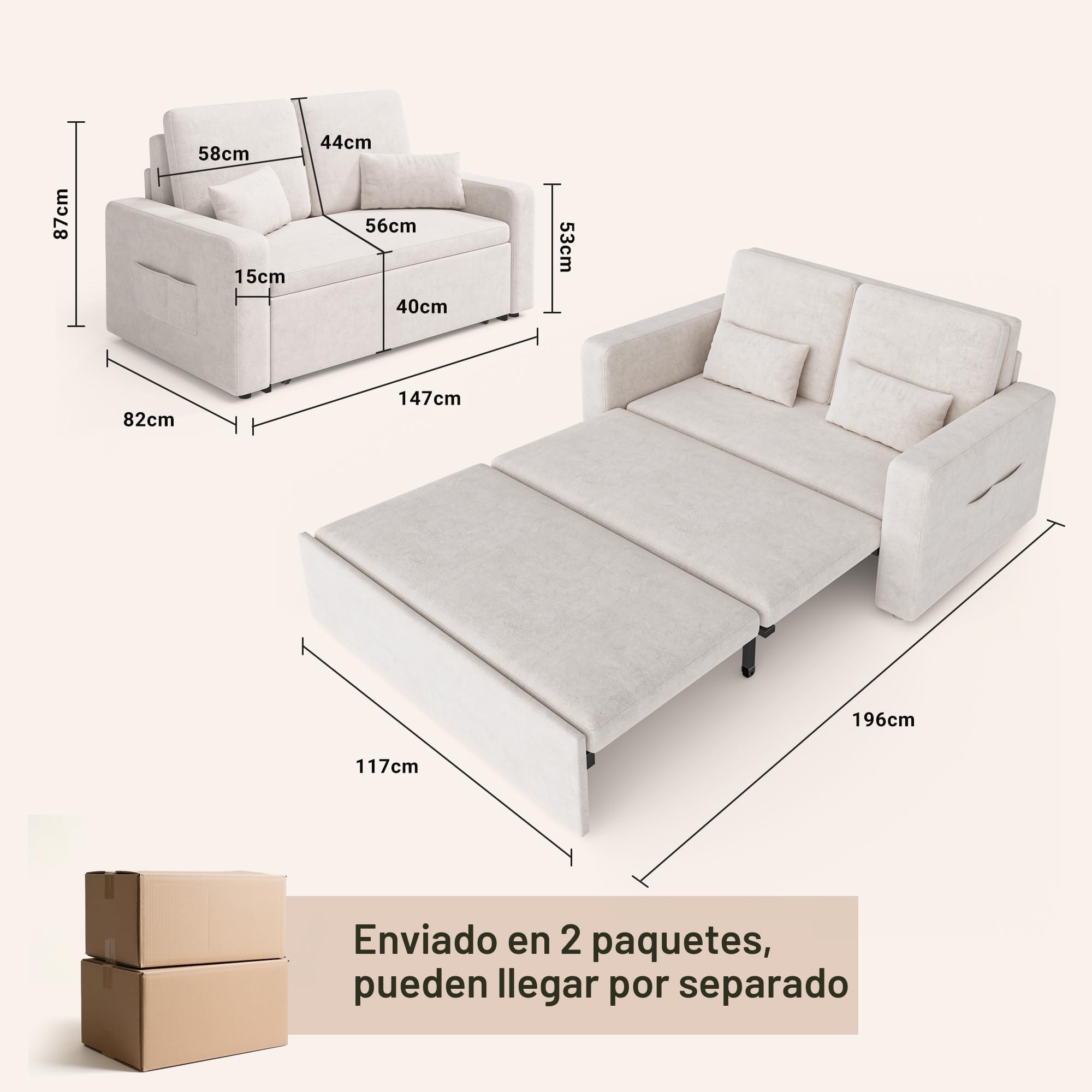 Xbro Sofa Cama 2 Plazas, Sillón Convertible 3 en 1 con Cama, Dos Bolsillos de Almacenamiento, Tapizado en Terciopelo, 147 x 196 x 87cm, Incluye Dos Cojines,Beige