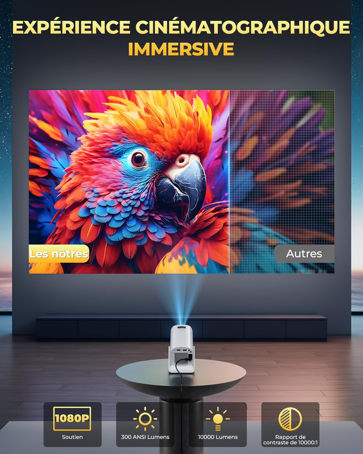 Vidéoprojecteur 4K Supporte, Mini Projecteur Portable Apps intégrées avec WiFi et Bluetooth, 270° Rotation Home Cinéma Star Rétroprojecteur pour Phone/PS5/HDMI/TV Stick/USB