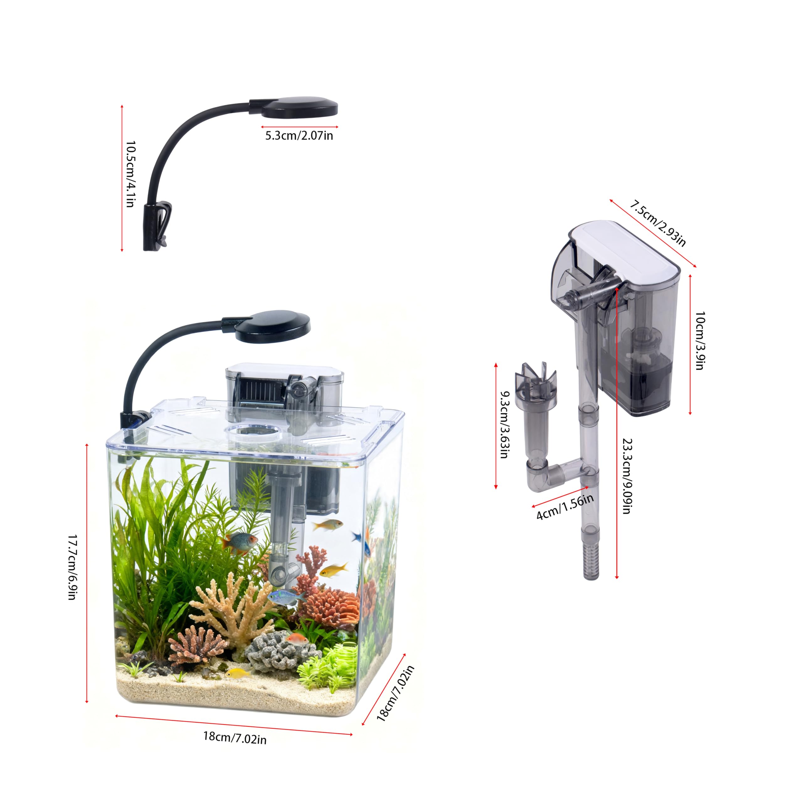 Set de acuario de 5 l para principiantes, 18 x 18 x 18 cm, mini acuario de plástico con lámpara LED y filtro USB, 5 l