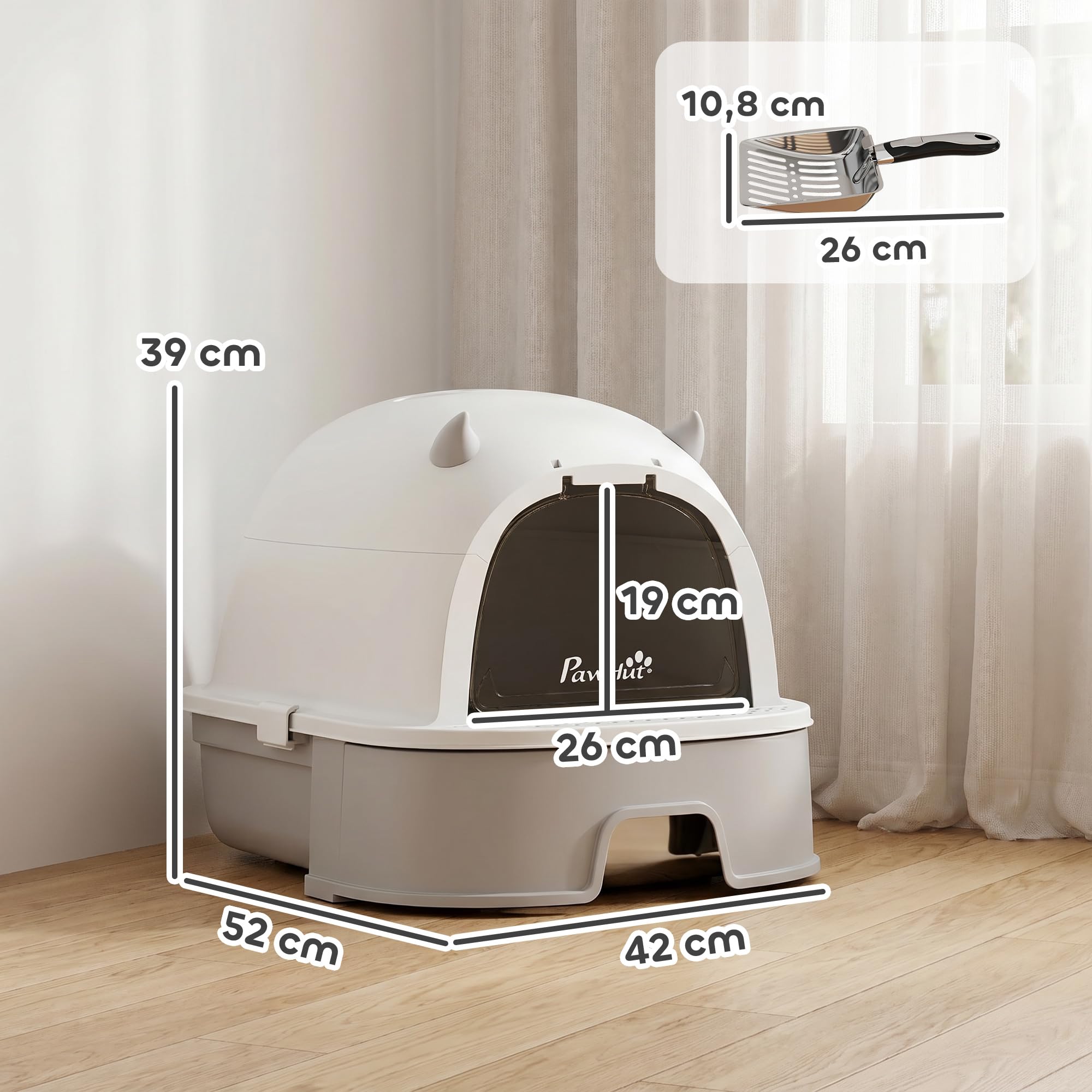 PawHut Katzentoilette mit Abnehmbarem Deckel bis 5 kg 52 x 42 x 39 cm Grau | Edelstahl, Katzenklo, Schaufel, Aktivkohlefilter, Geruchsdicht, für Mittelgroße Katzen