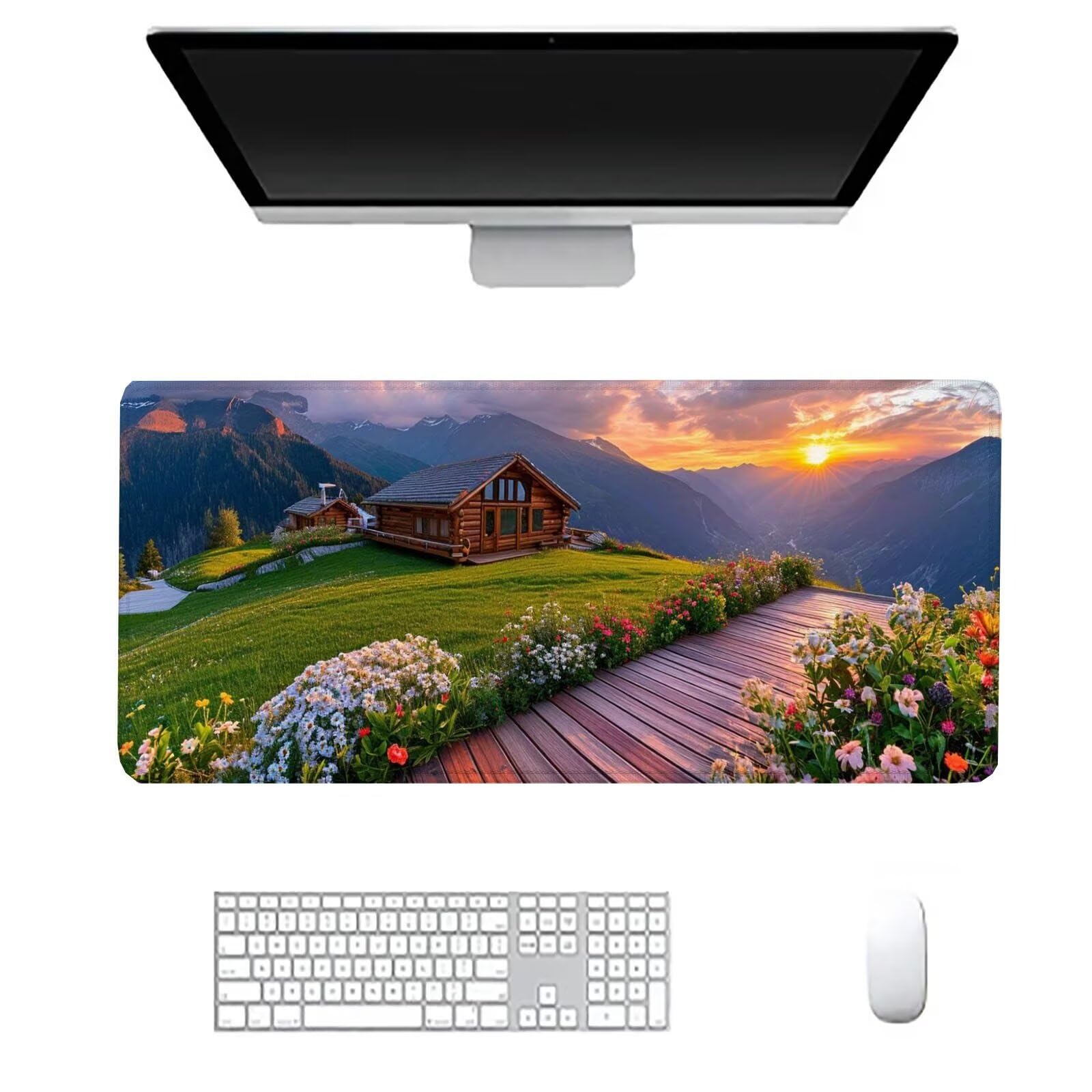Krajobrazowa szeroka podkładka pod mysz do gier mata na biurko górska XXL 1400 x 700 x 3 mm, mata komputerowa akcesoria biurowe z podstawą antypoślizgową do klawiatury i myszy dla graczy J610