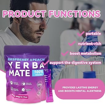 Yerba Mate Instant Tea Powder - Raspberry Peach Flavor - Super Drink with Nootropics, Prebiotics & Probiotics - Gut Health, Clean Energy, Energy Boost & Focus - 30 Sticks (300g)