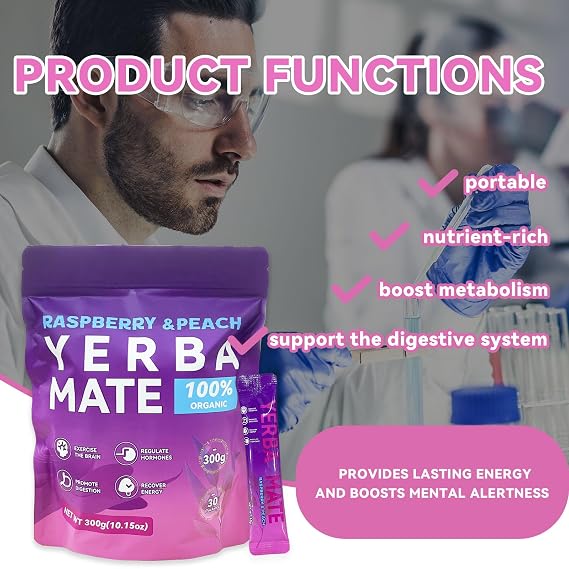 Yerba Mate Instant Tea Powder - Raspberry Peach Flavor - Super Drink with Nootropics, Prebiotics & Probiotics - Gut Health, Clean Energy, Energy Boost & Focus - 30 Sticks (300g)