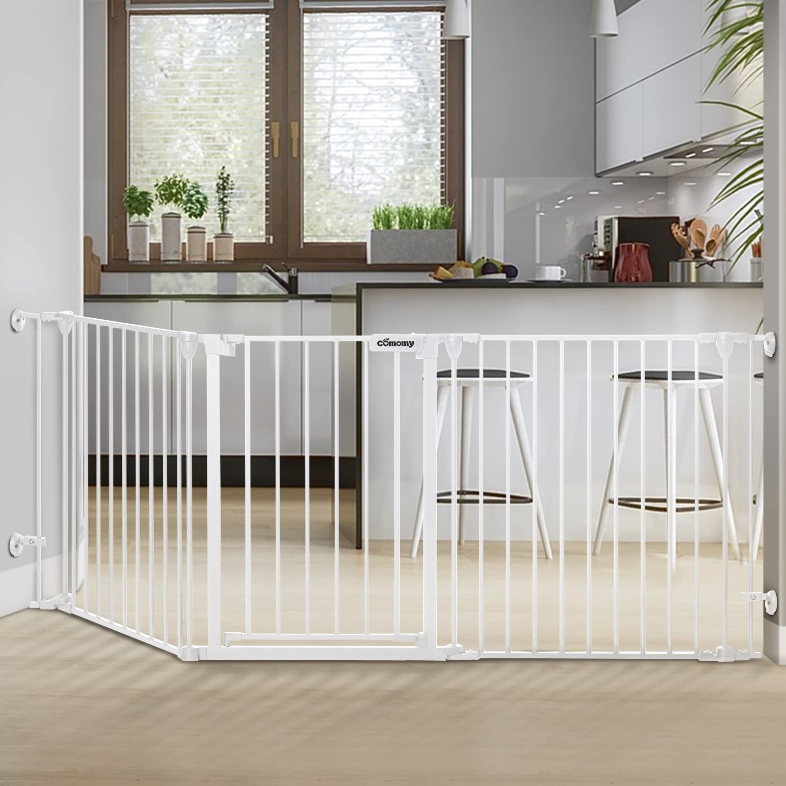 Dog Gate Extra Wide 80 inch Auto Close Pet Gate for House Stairs Doorway Foldable Safety Gate 3 Panels Steel Puppy Fence, Fits Openings 33"-80" Wide (White)