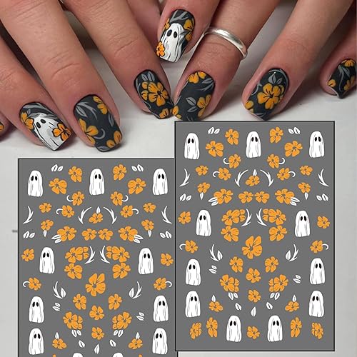 Miniatura 10 de 8 hojas de calcomanías de arte de uñas de Halloween, diseño de calabaza fantasma, diseño de llama de araña, diseño de llama de sangre y llama,