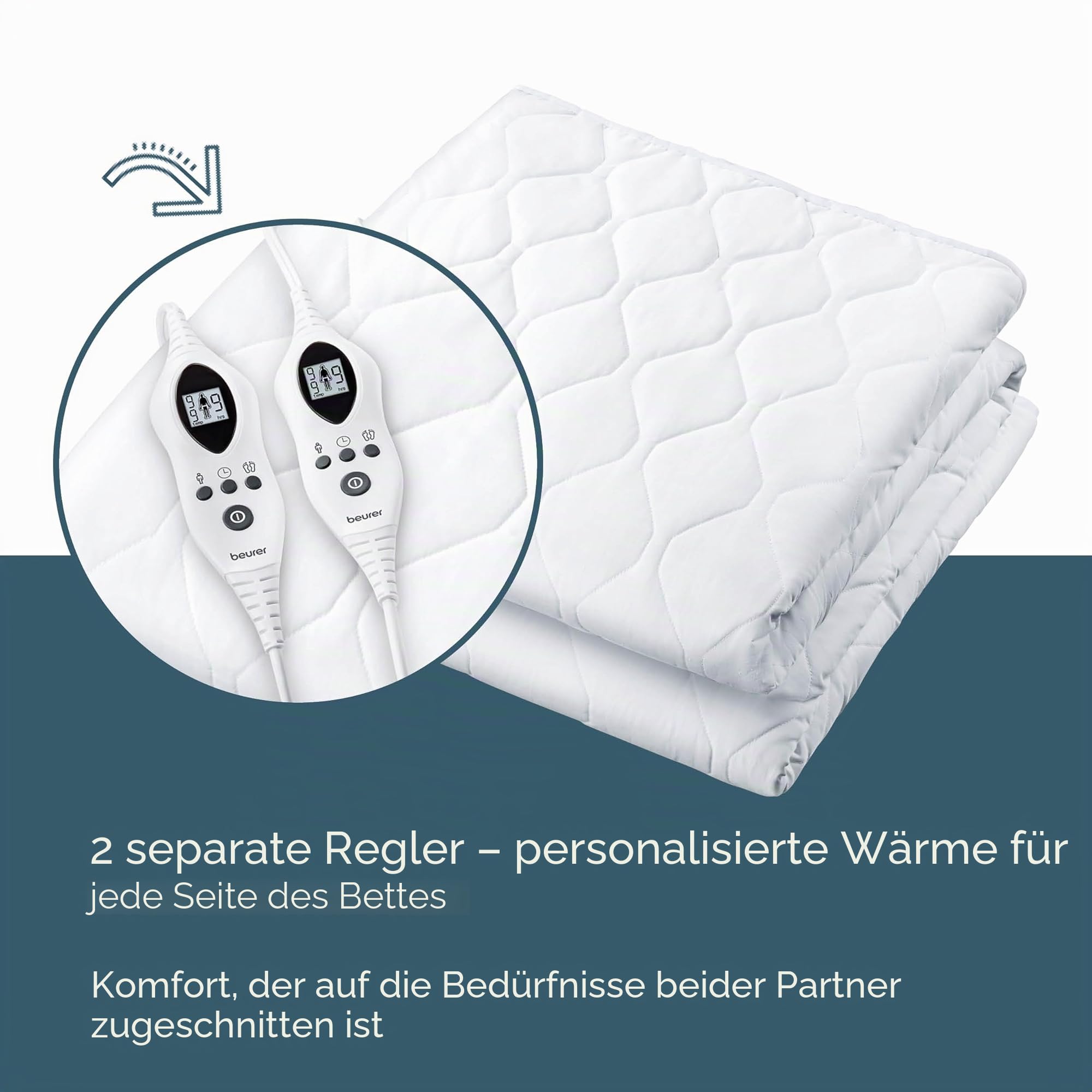 Beurer UWB70 Beheizter Matratzenschutz für Doppelbett, elektrischer Matratzenbezug mit getrennter Fuß-/Körperwärme, automatische Abschaltung, 9 Heizstufen, Schutz