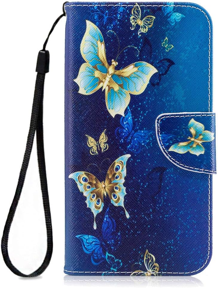 Samsung J7 Wallet Case - Women's Leather Flip Cover with Card Slot for Galaxy J7 Prime/2017/Sky Pro - Blue Butterfly