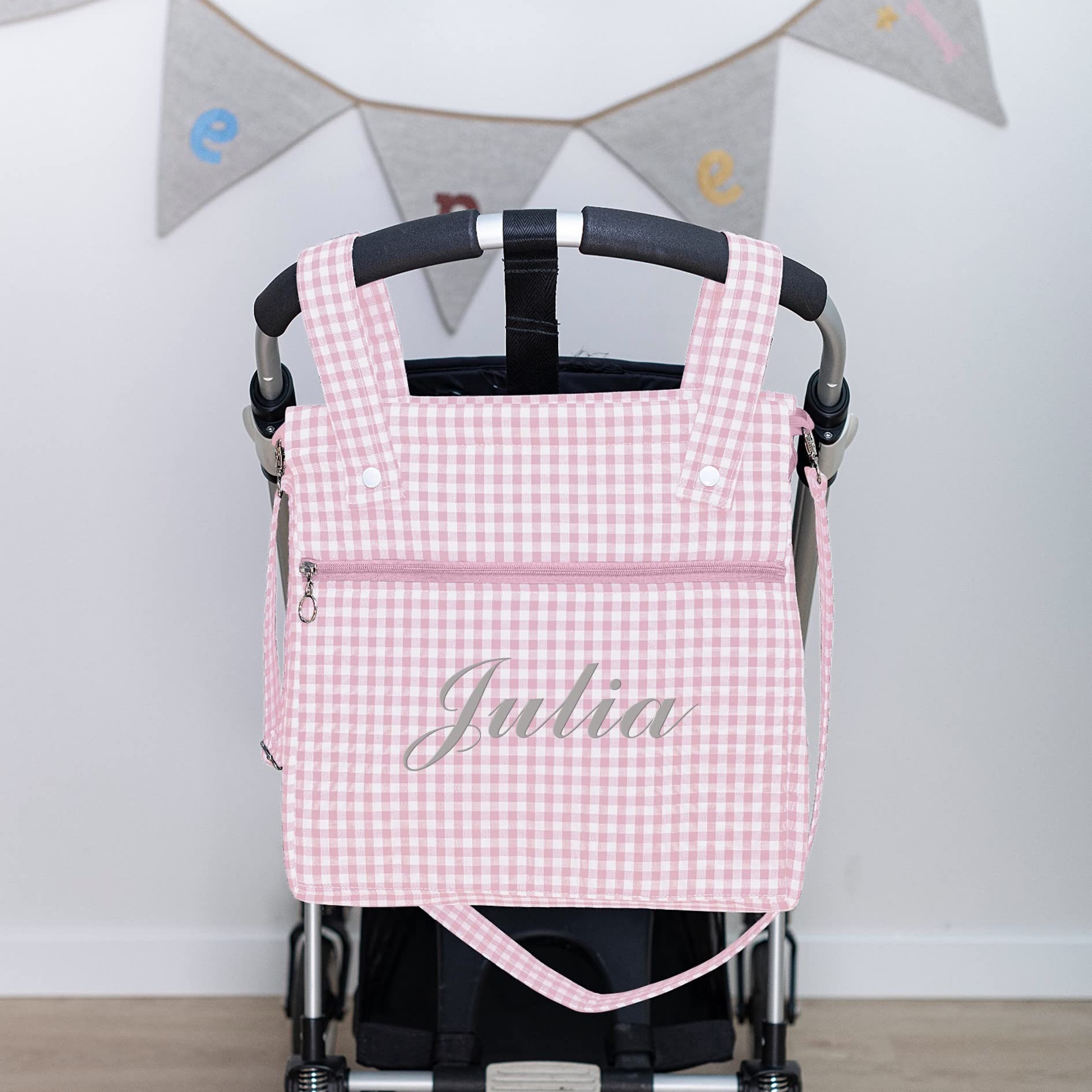 Bolsa panera de algodón vichy personalizada con nombre bordado - Bolso carro - Talega carrito de bebé - Nenel