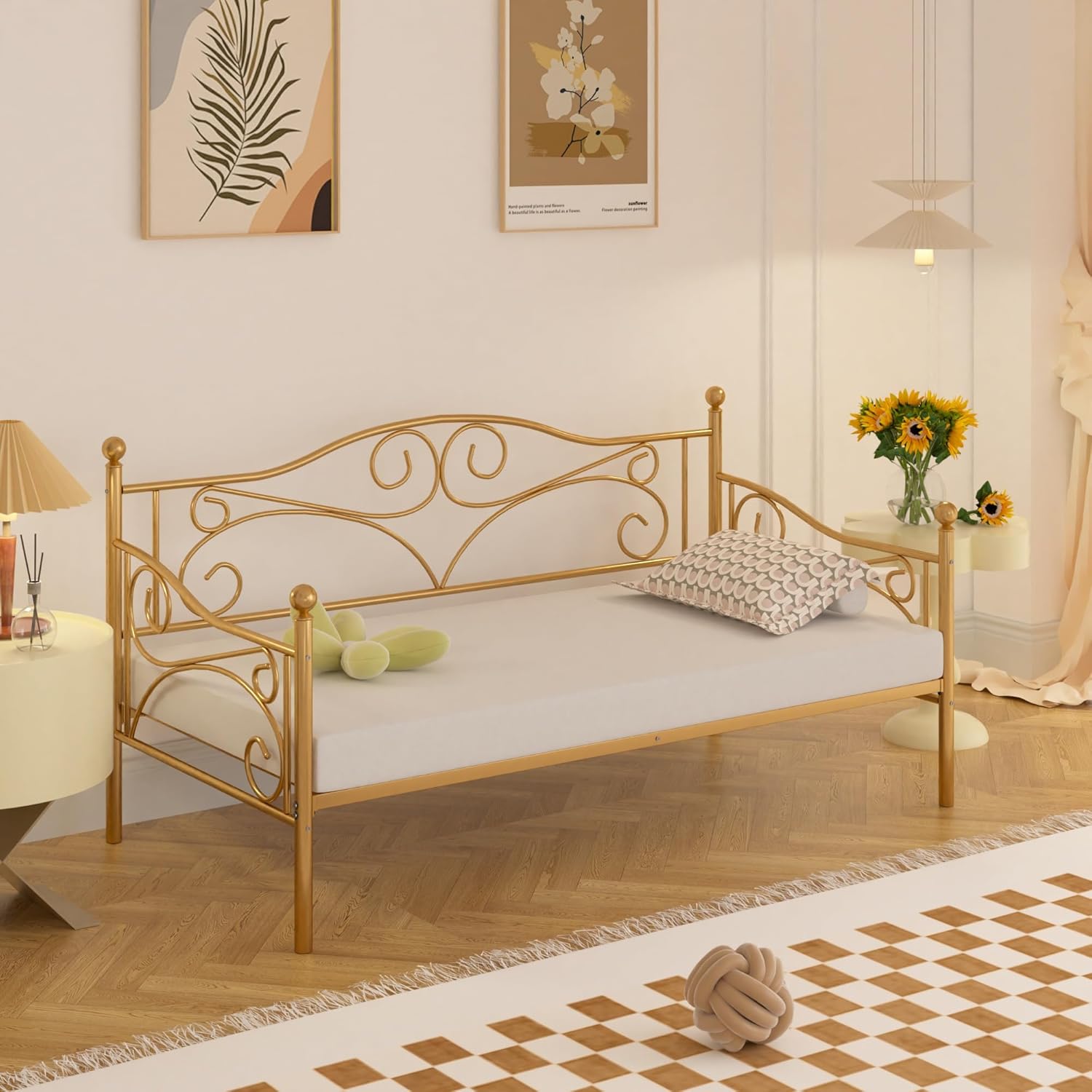 VECELO Twin Size Daybed Frame Metal Sofa Bed Mattress Foundation with Headboard, Heavy-Duty Steel Slat Support for Bedroom Living/Guest Room, Easy Assembly, Gold