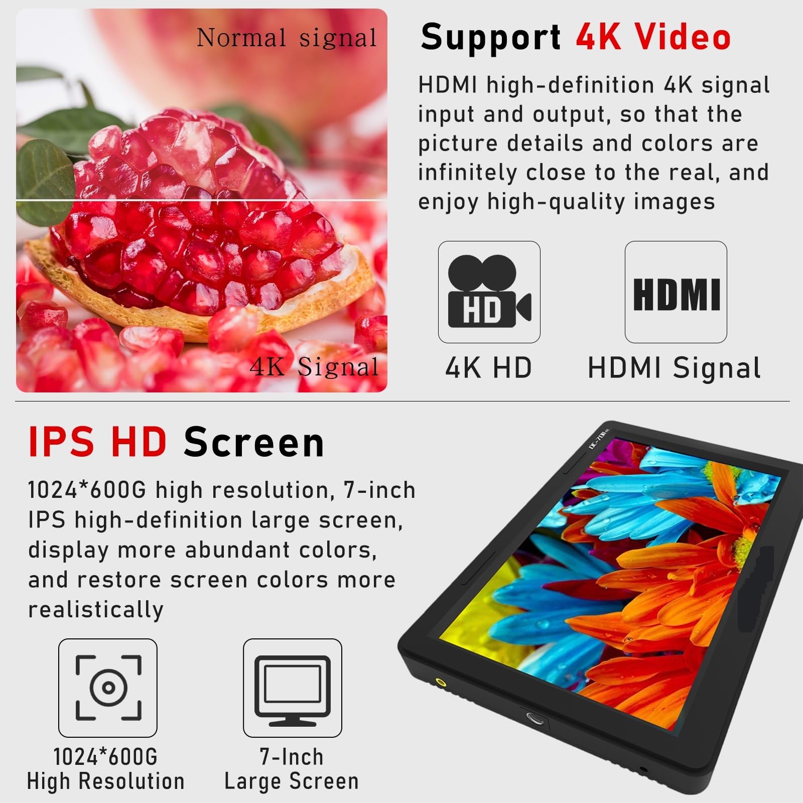Kamera z ekranem, DC-70 II 7 calowy Monitor 4K na aparacie DSLR terenowy kamera HD wideo ekran wyświetlacza 1024 * 600 IPS dla kamery