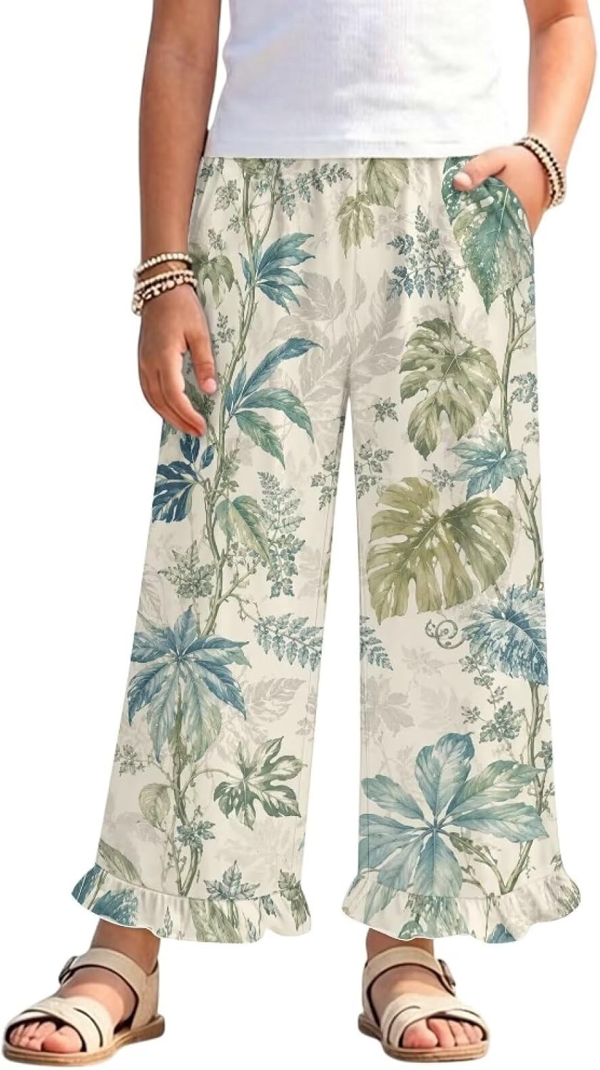Wanyint Girls Ruffled Pants Wide Leg Trousers Casual Pants with Pockets Long Trousers Y2K Summer Outfits for 5-14 Years