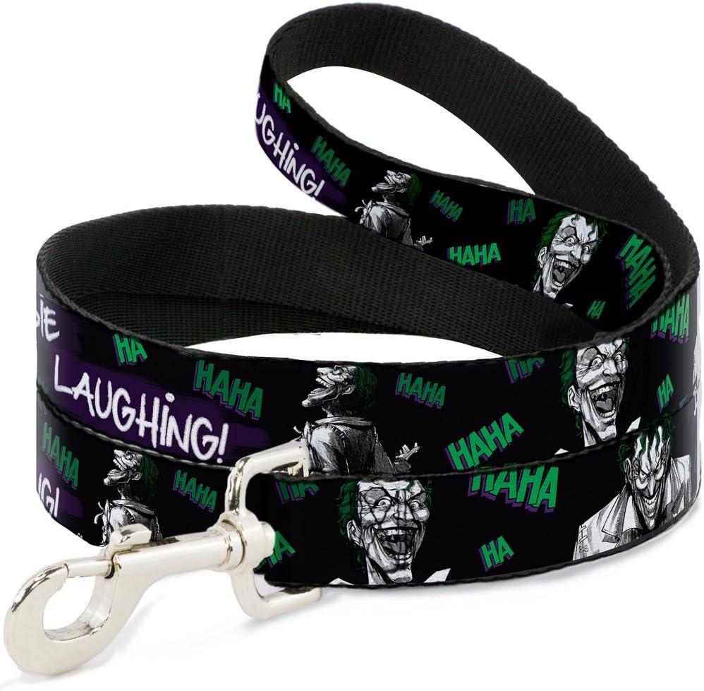 Dog Leash Joker Die Laughing Haha Black Purple Green 6 Feet Long 1.0 Inch Wide