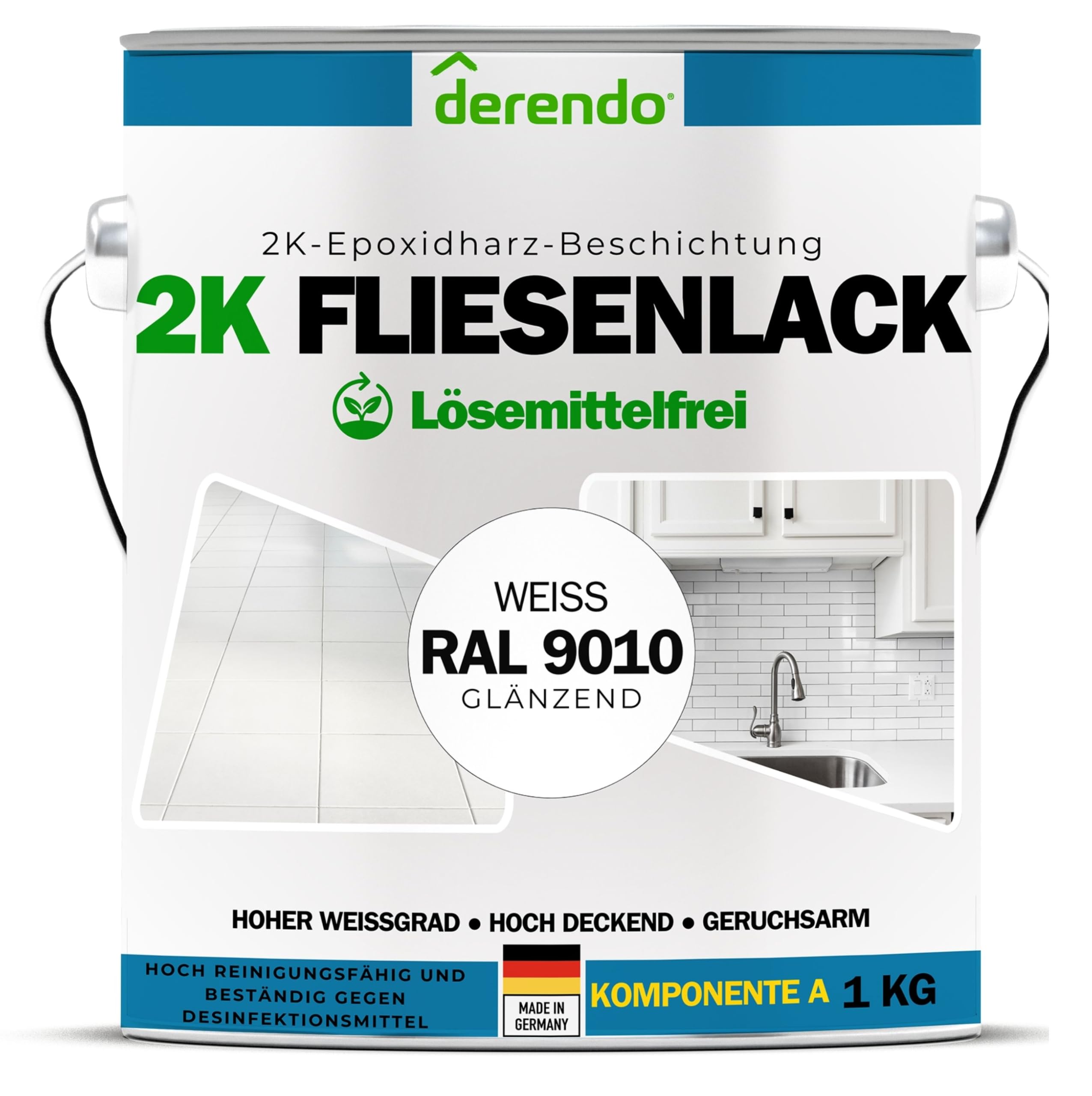 derendo 2K Fliesenlack weiß glänzend (RAL 9010) Epoxidharz mit Härter weiße Fliesenfarbe Badezimmer Fliesenlack 2K Lack Badewanne reinweiss für Innen & aussen (1, Kilogramm)