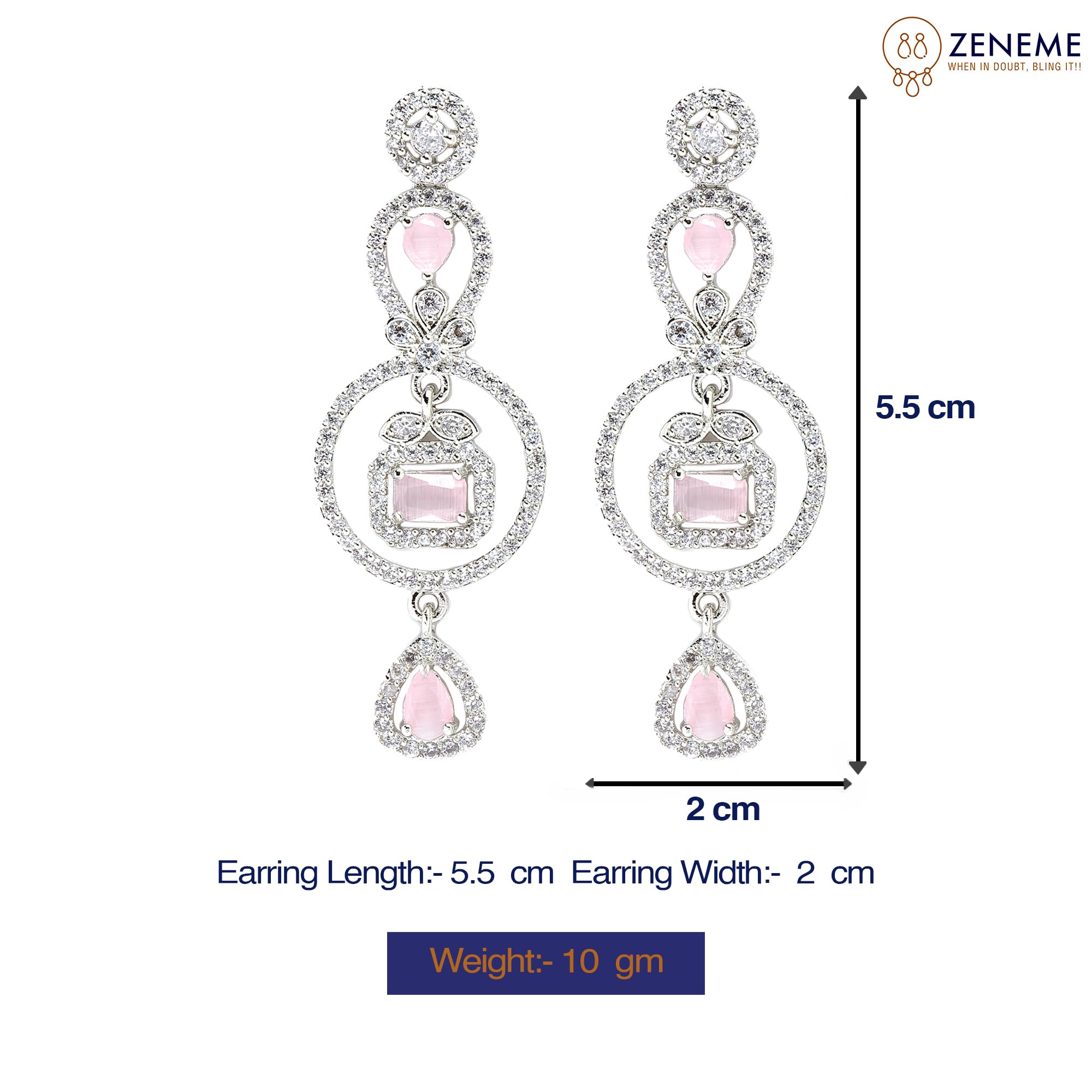 Rhodium-Plated Circular Drop Earrings with American Diamond