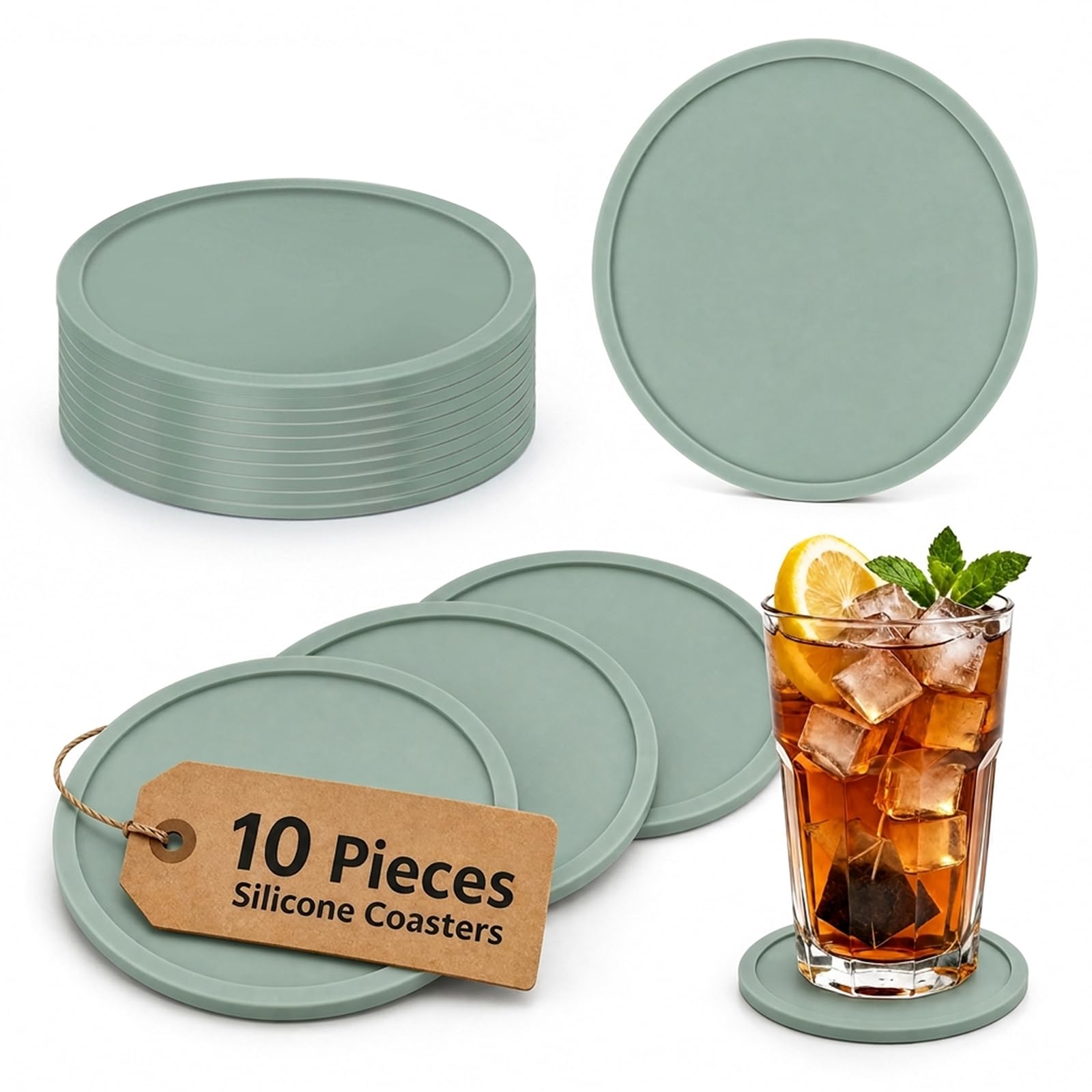 HELIMIAO Coasters Set of 10 Non-Stick Silicone Round Drink Coasters for Wooden Table Protection, Coffee Table, Decorative Home Accessories for Bar & Kitchen, Sage Green