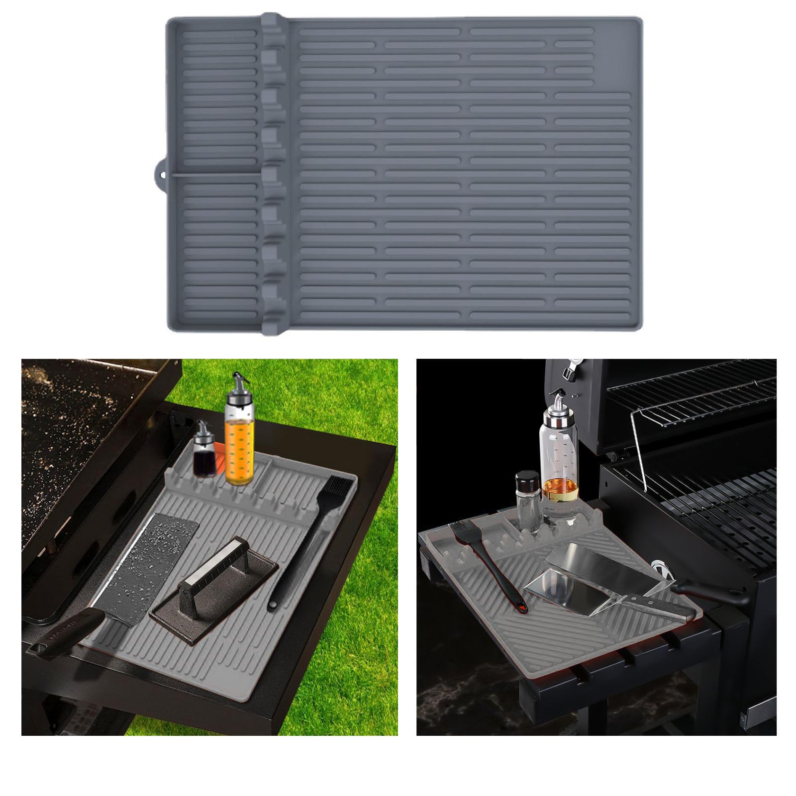 Silicone Griddle Tools Mat for Blackstone, 3-in-1 Large Spatula Mat with Drip Pad, Grill Side Shelf Mats for Outdoor Grill, Food Grade Grill BBQ Utensils Holder, Blackstone Griddle Accessories (Gray)