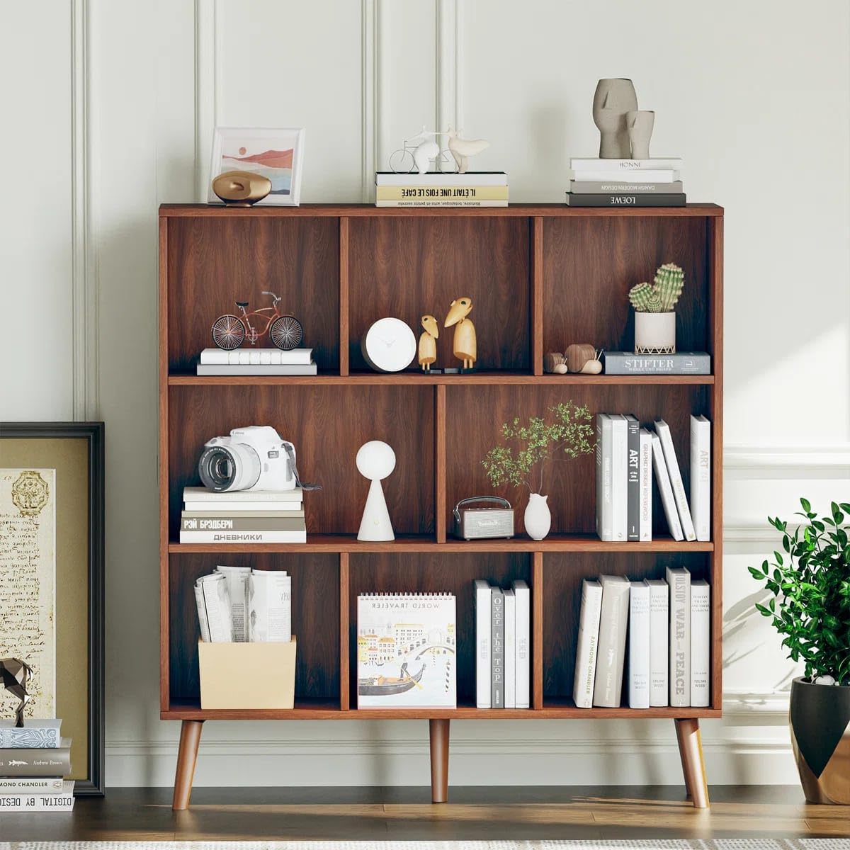 MISAN Modern Bookshelf, Brown Wood Storage System, 5-Tier Contemporary Floor Mount Shelf, Large A-Shape Design, 117x45x22 cm, DIY Assembly-picture-10