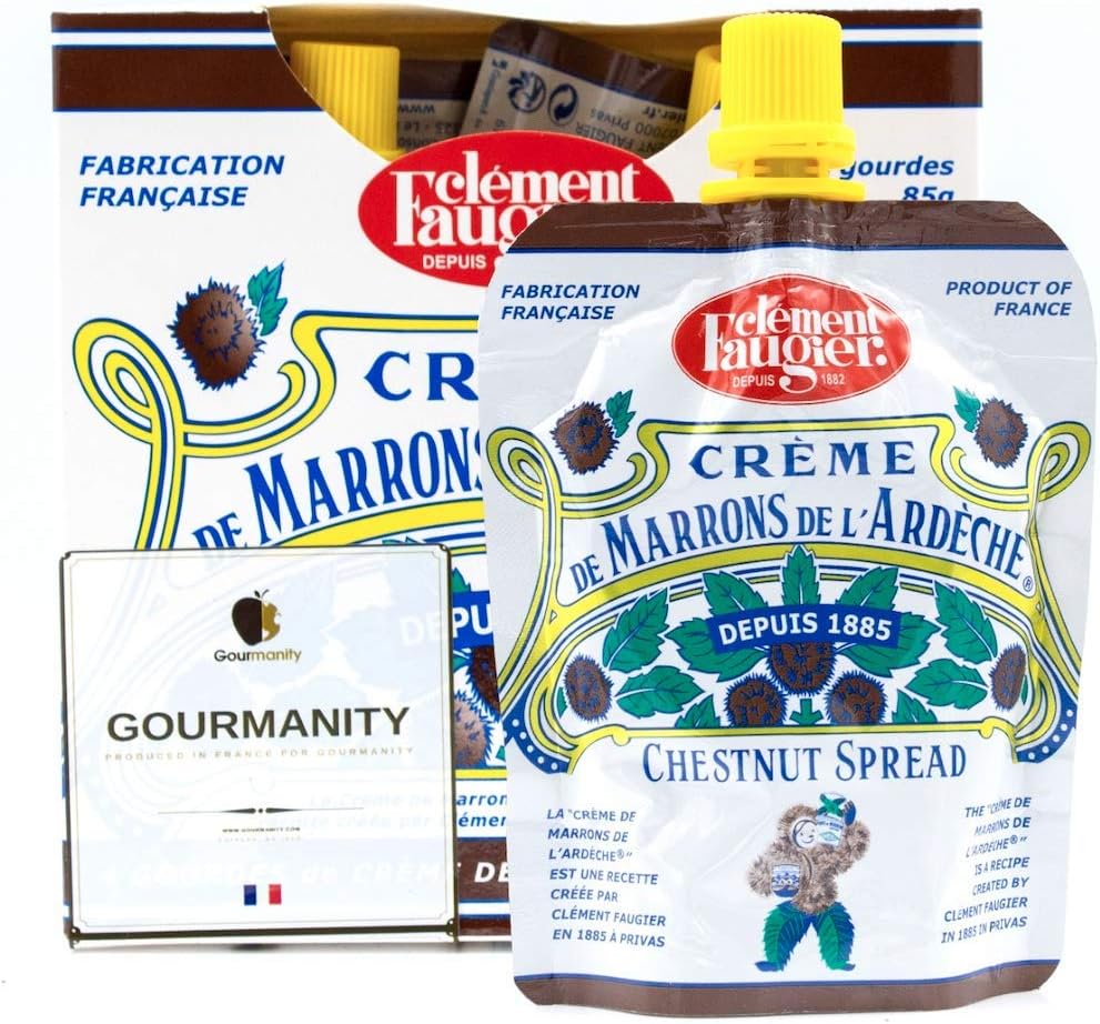Clement Faugier Chestnut Spread From France 3oz (Pack of 4) Chestnut Jam Pouch | Creme De Marron Chestnut Puree | Chestnut Paste French | Gourmet Chestnut Cream, Kosher | Produced For Gourmanity