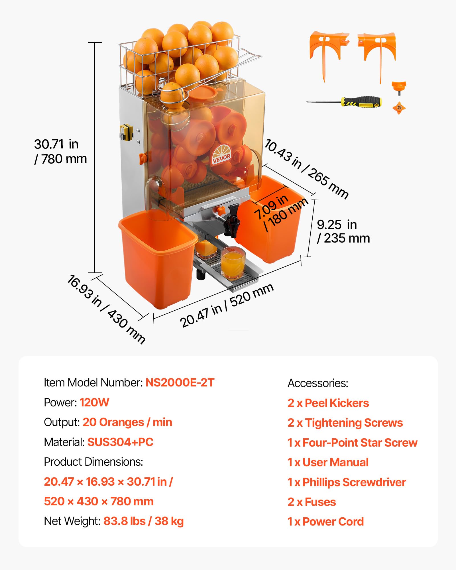 VEVOR Exprimidora de Naranjas Comercial 120 W de Acero Inoxidable y PC, Con 2 Recipientes Recolectores, Con Grifo, Capacidad para Hasta 20 Naranjas por Minuto, Para Limones y Cítricos 55-80 mm