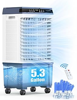 Air ChoicePortable Evaporative Air Cooler, 1800 CFM Swamp Cooler with 4 Ice Box & 5.3 Gal Water Tank, 110° Swing, 3 Speeds, Upgraded Remote, 12H Timer, 3-in-1 Air Cooling Fan for Outdoor Indoor, Blue