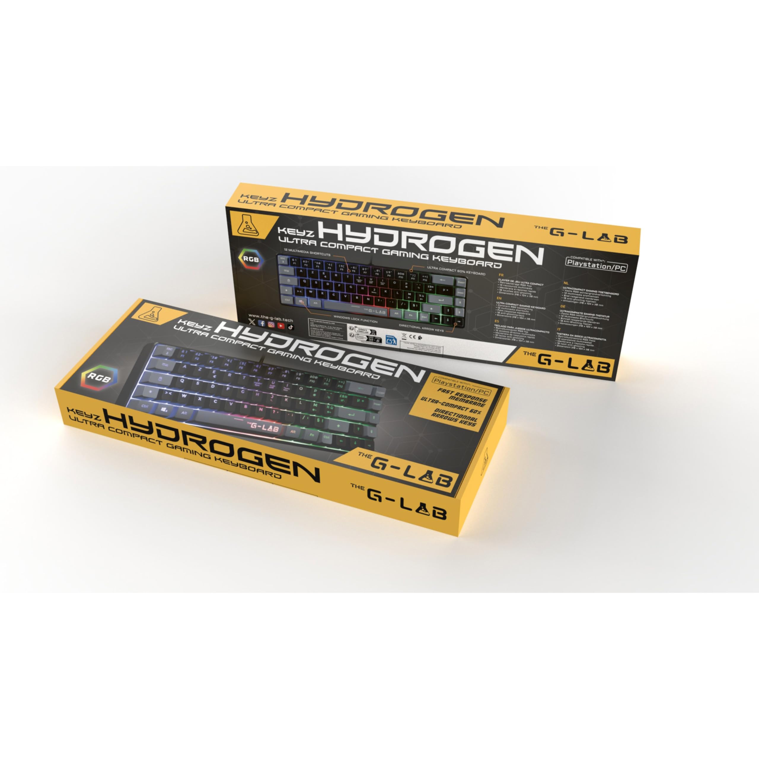 The G-Lab - Combo Hydrogen - Pack Clavier Souris Gamer, Clavier Gamer 65% Filaire, Rétroéclairage RGB, azerty, Format Compact + Souris Gaming RGB, 6 Boutons, 7200 DPI - PC/PS4/PS5 – Noir/Gris