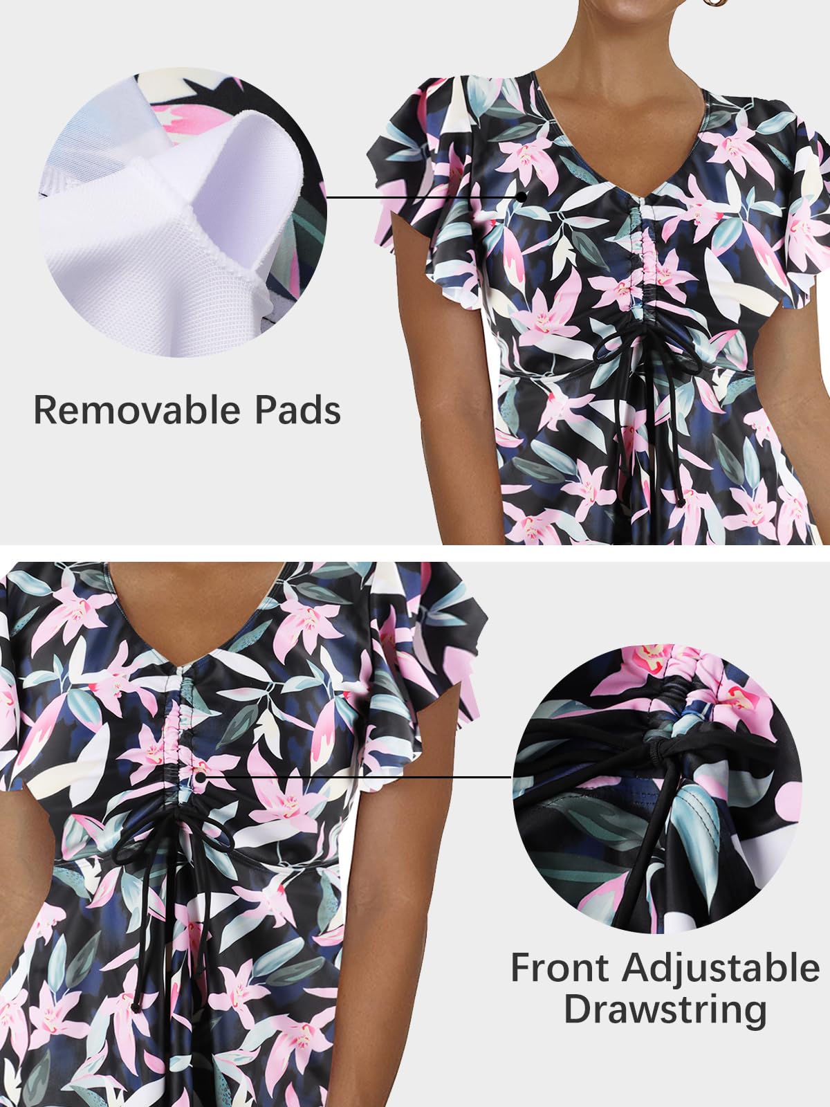 Camiseta de Bikini Separada para Mujer con Estampado de Hojas, Mangas con Volantes y Cuello en V con Cordón Ajustable Diseño Suelto y Flotante Moda de baño