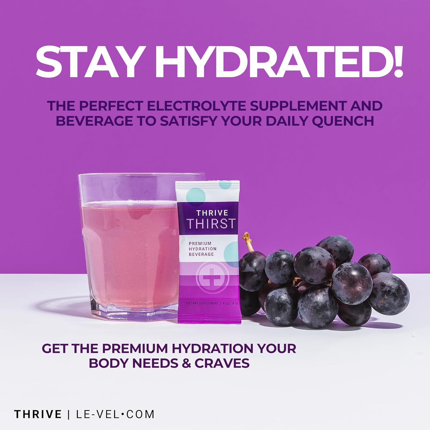 Le-Vel Thrive Thirst Electrolyte Powder with Amino Acids – Premium Hydration with Pink Himalayan Salt, Coconut, Potassium & More – 30 Pack (30 Packet No Caffeine, Grape) - Image 3