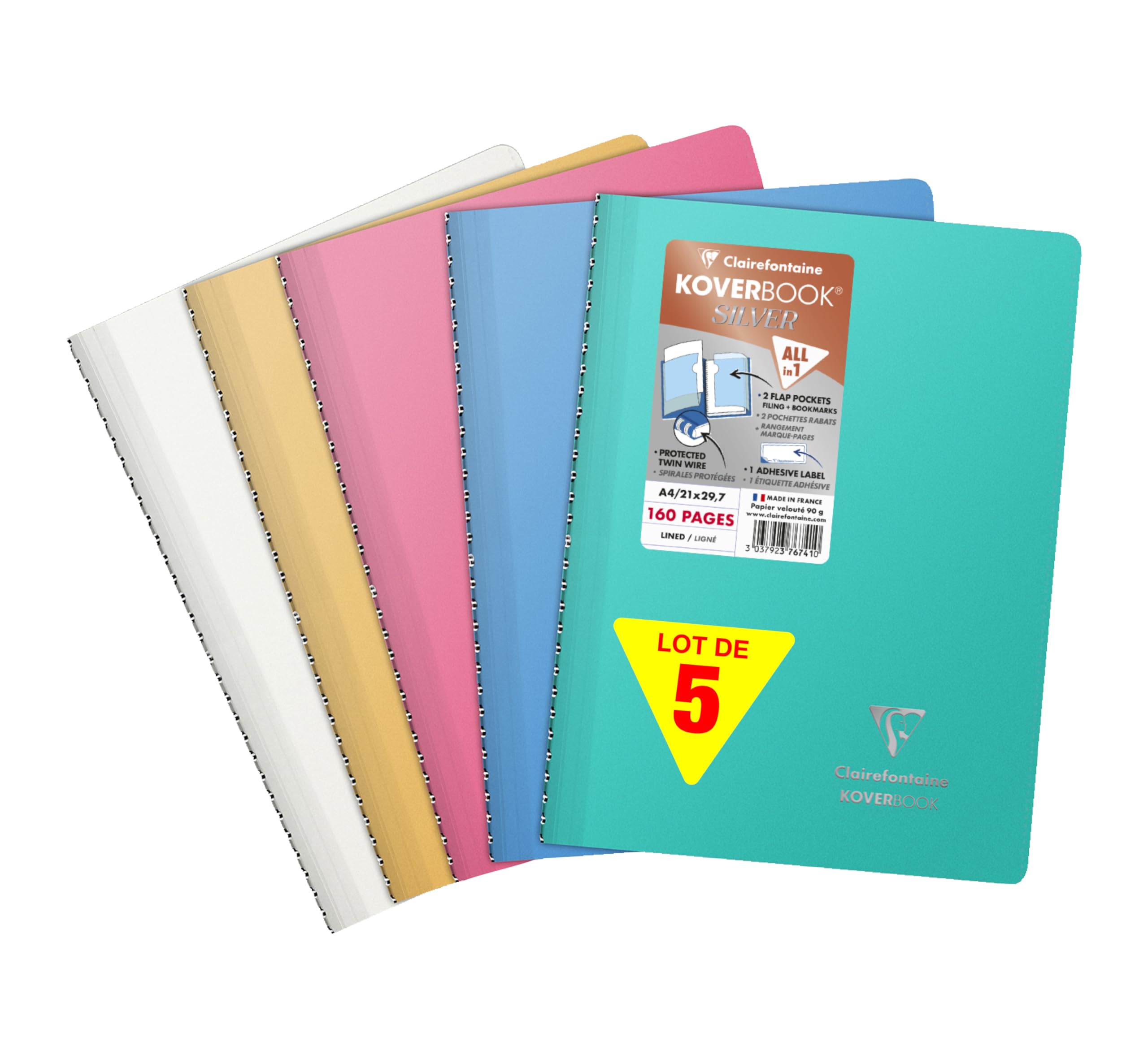 Clairefontaine 376741C Lot 5 Cahiers à Spirale Koverbook Silver - A4