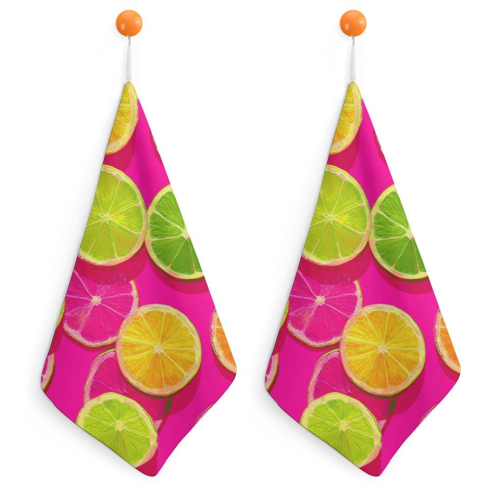 Jubonexis Bright Lemon And Lime Neon Slices Small Hand Towel with Hanging Loop 2 PCS Absorbent Soft Wash Cloth for Kitchen Bathroom