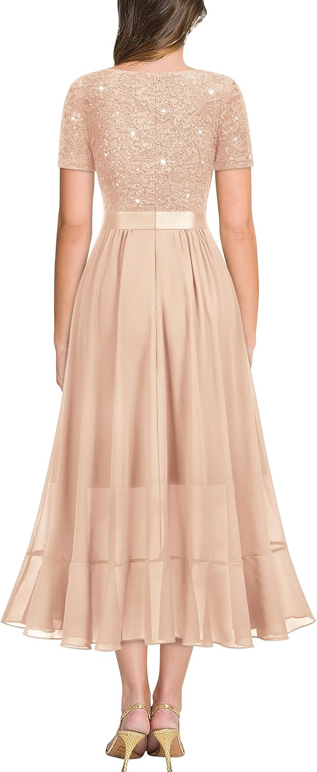 Miusol Women's Elegant V Neck Contrast Sequin Lace Chiffon Ruffle Split Evening Party Dress - Image 2