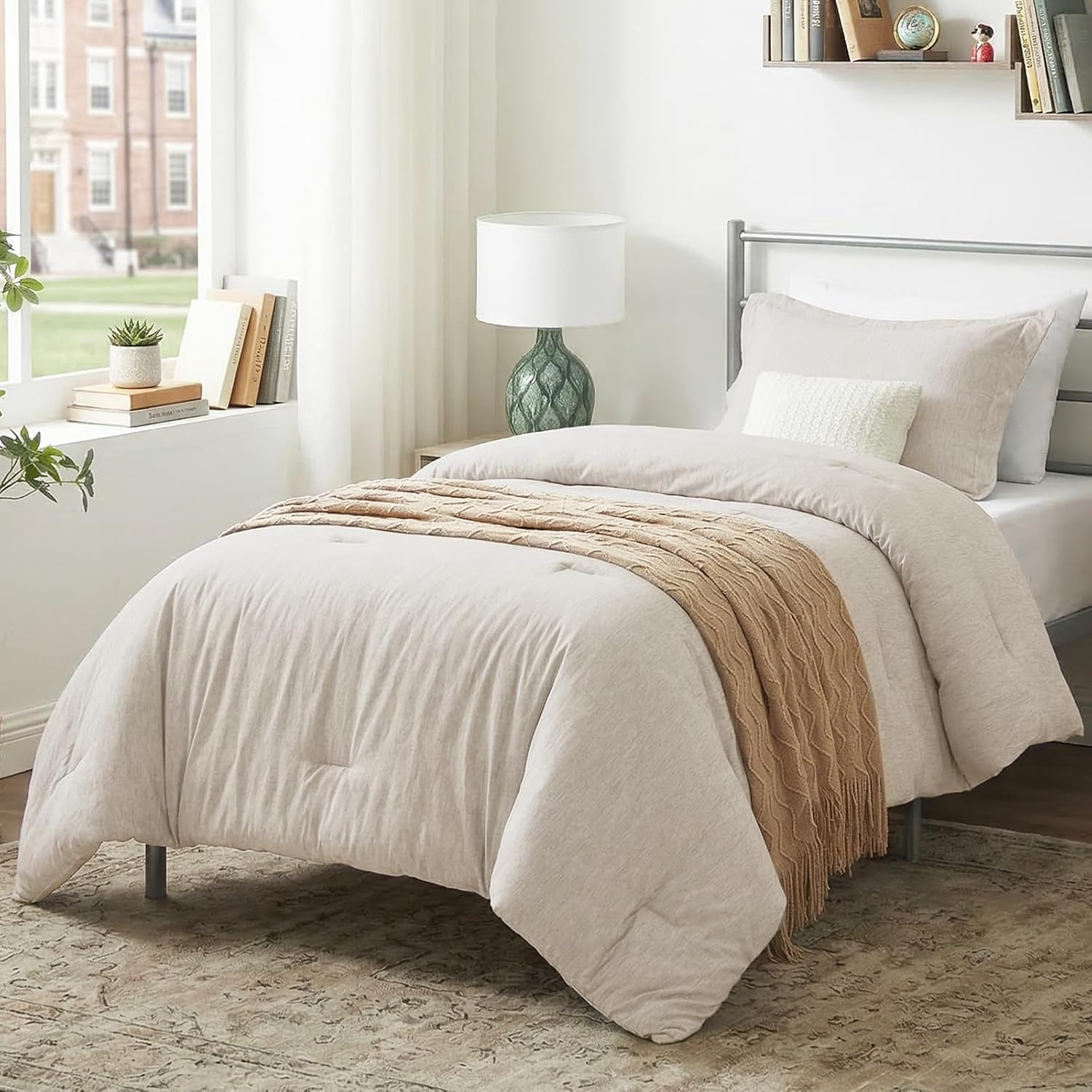 CozyLux Twin Comforter Set Dorm Bedding - 2 Pieces Beige Twin Extra Long Soft Luxury Cationic Dyeing Comforter for College, Twin XL Breathable Lightweight Bed Sets with 1 Comforter and 1 Pillow Sham