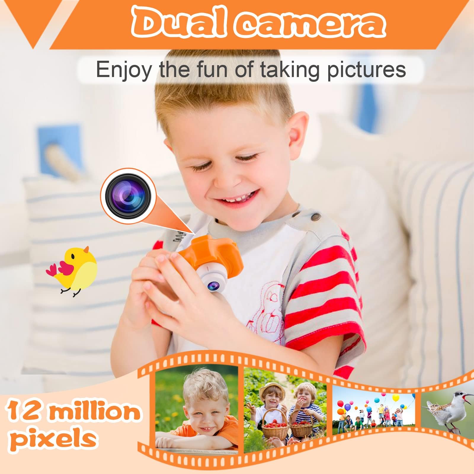 Cámara naranja para niños, cumpleaños para niñas y niños de 3 a 12 años, cámara de video digital HD para niños pequeños, pantalla IPS HD, juguete portátil con tarjeta SD de 32 GB 3