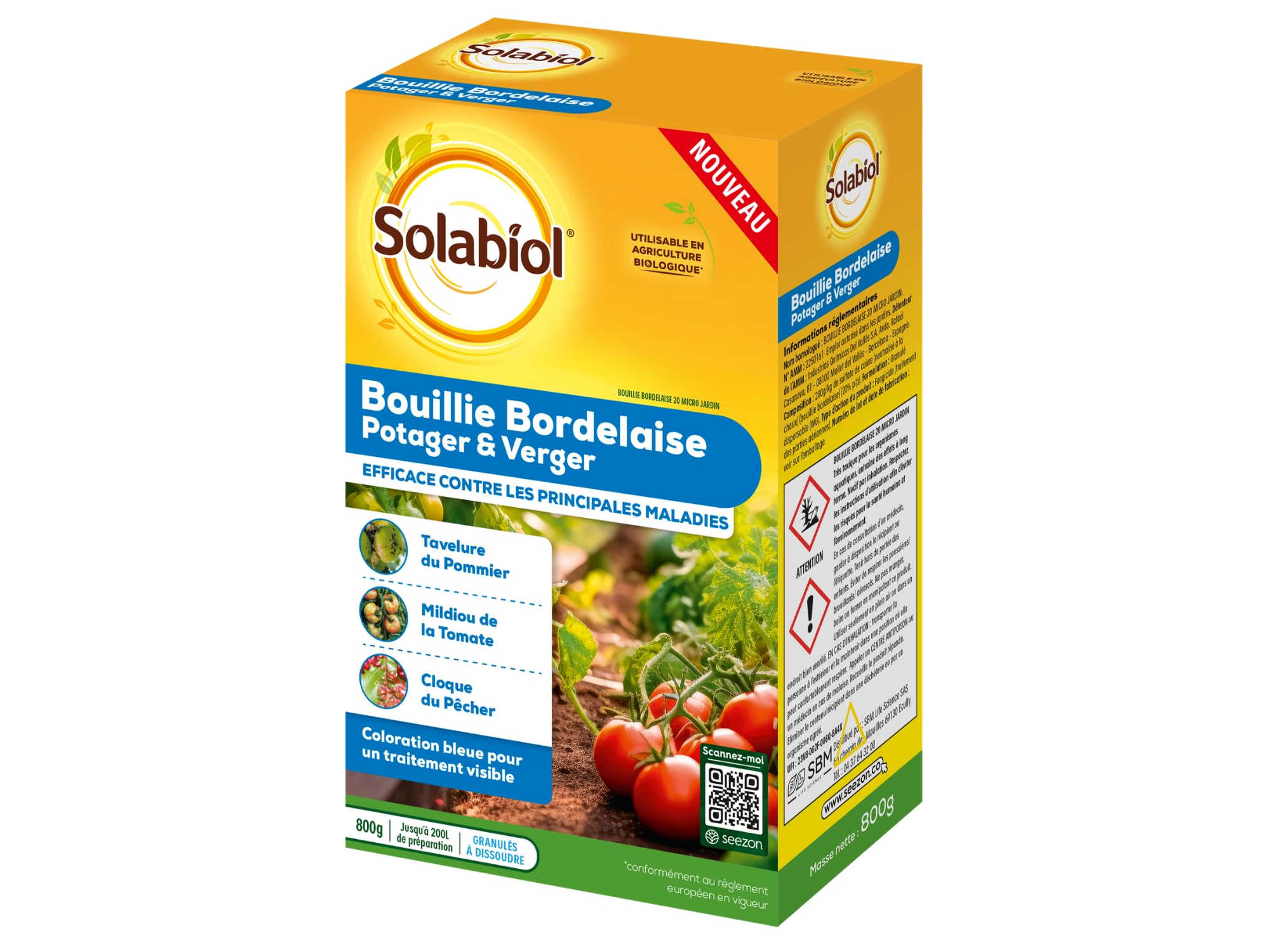 SOLABIOL Bouillie Bordelaise - Granulés - 200L de Solution - 800g | Fongicide Polyvalent - Préventif & Traditionnel - Mildiou, Tavelure, Cloque - Coloration Bleue - SOBB800