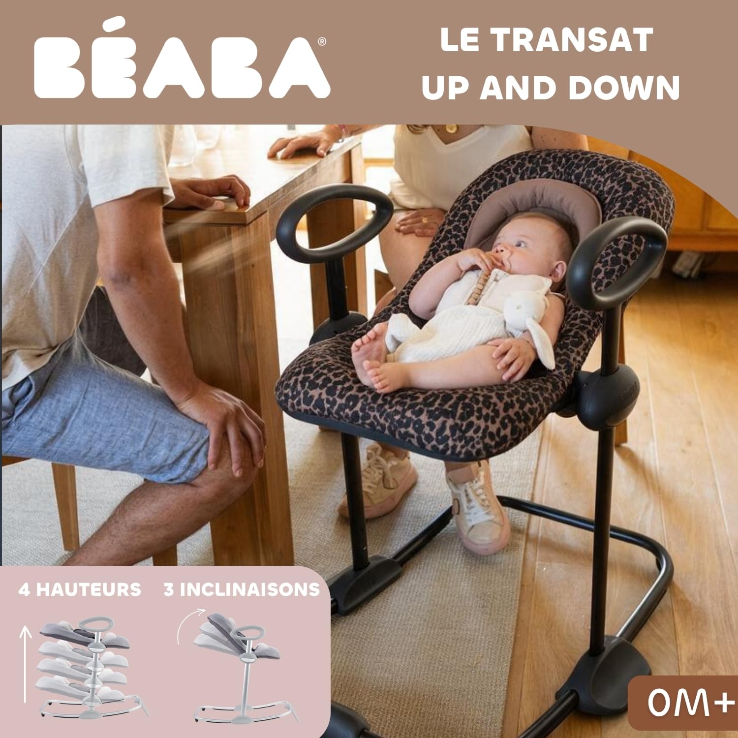 BÉABA, Hamaca Up & Down, 4 Alturas, 3 Inclinaciones, Leopardo