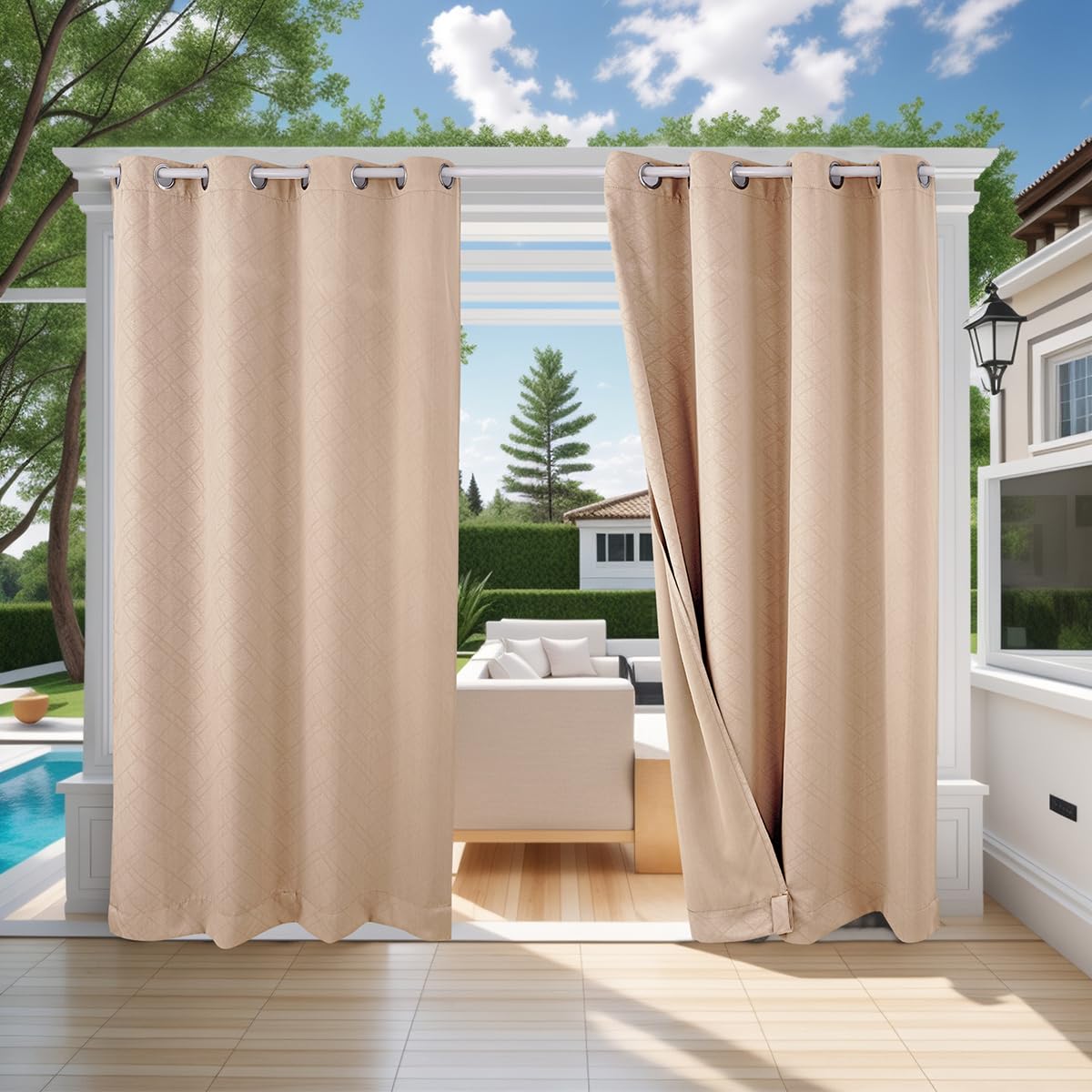Rideau extérieur imperméable beige 132x213cm ele ELEOPTION anti-UV isolant pour pergola