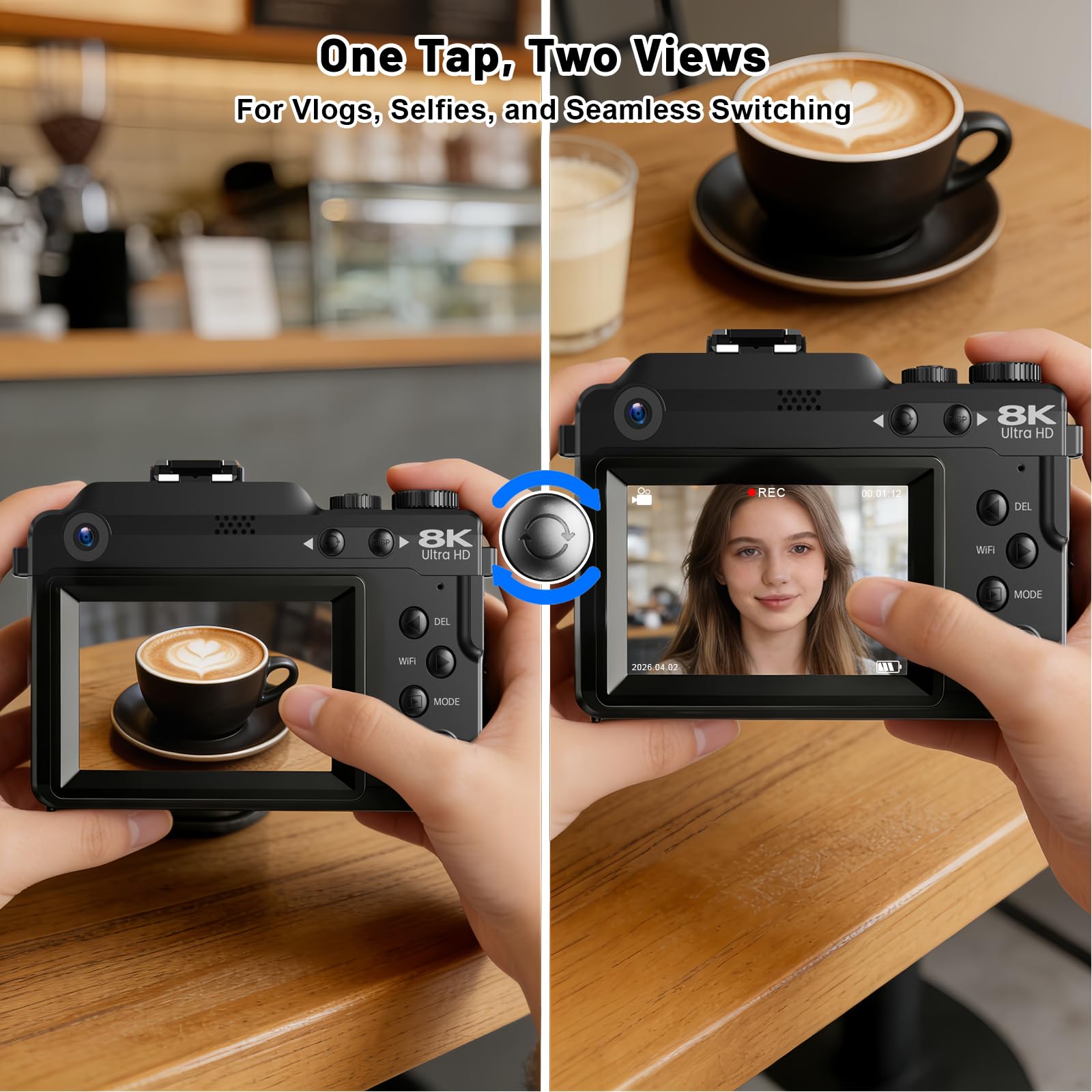 Fotocamera digitale per fotografia, zoom digitale 18X, messa a fuoco automatica, obiettivo macro, fotocamera per vlogging con WiFi 2 batterie, stazione di ricarica per scheda TF da 32 G, videocamera