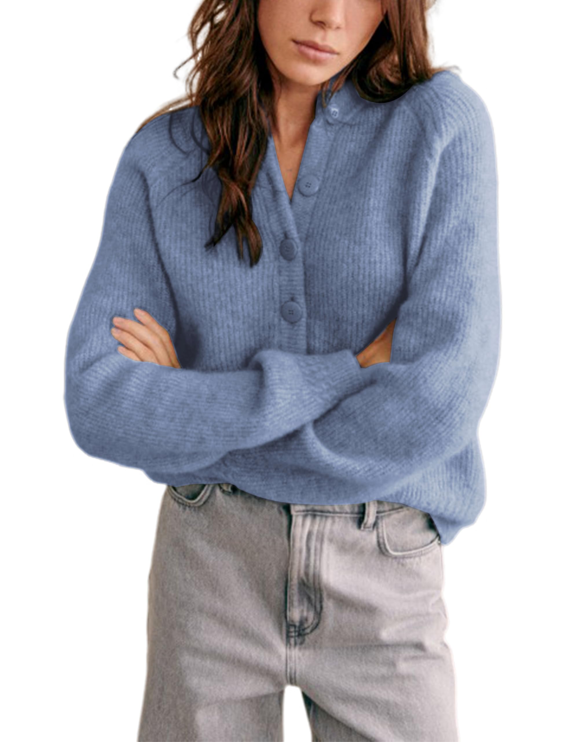Bianstore Womens Casual Long Sleeve Crewneck Button Down Cardigan Chunky Knit Open Front Sweater Tops