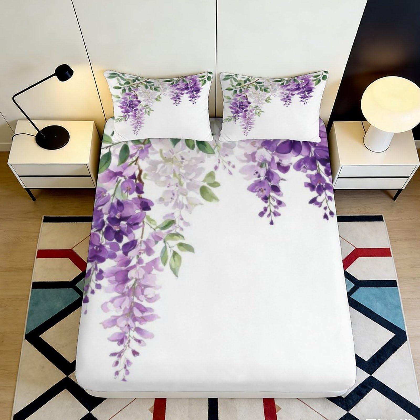 3D Printed Purple Wisteria Blossom Fitted Sheet Microfiber Soft Anti-Slip Lavender Floral Mattress Cover for Bedroom Guest Room Decor 90x200x25cm