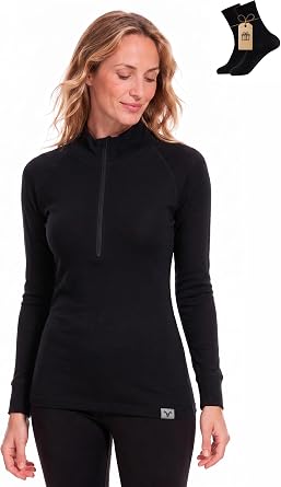 MERINNOVATION Merino Wool Base Layer for Women - Long Sleeve Wool V-Neck - Crew Neck - Turtle Neck - Half Zip Womens Shirt