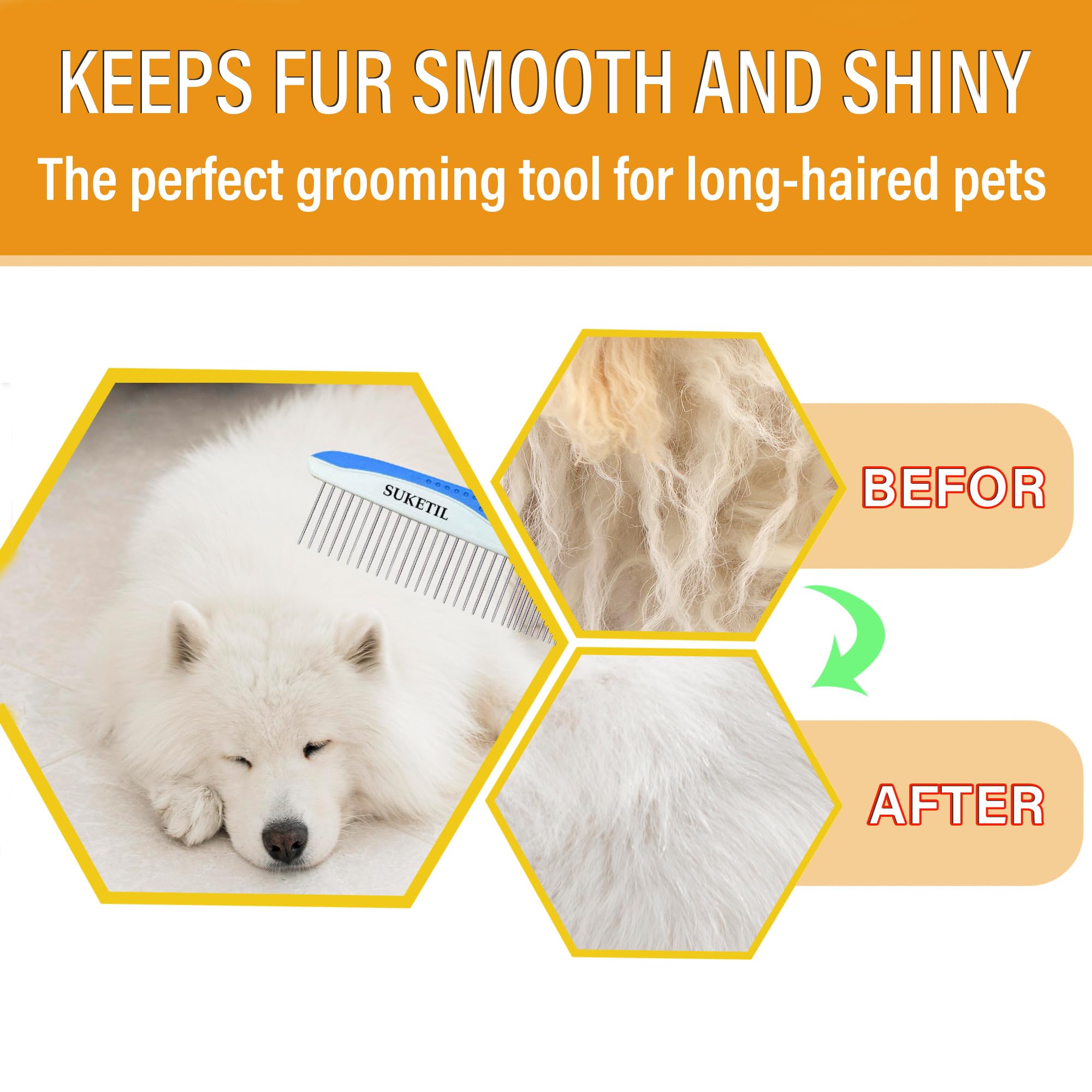 Peine para perros para eliminar enredos y nudos, peine para gatos con dientes de acero inoxidable y mango antideslizante, peines para perros de pelo largo, gatos y otras mascotas (estilo 1)