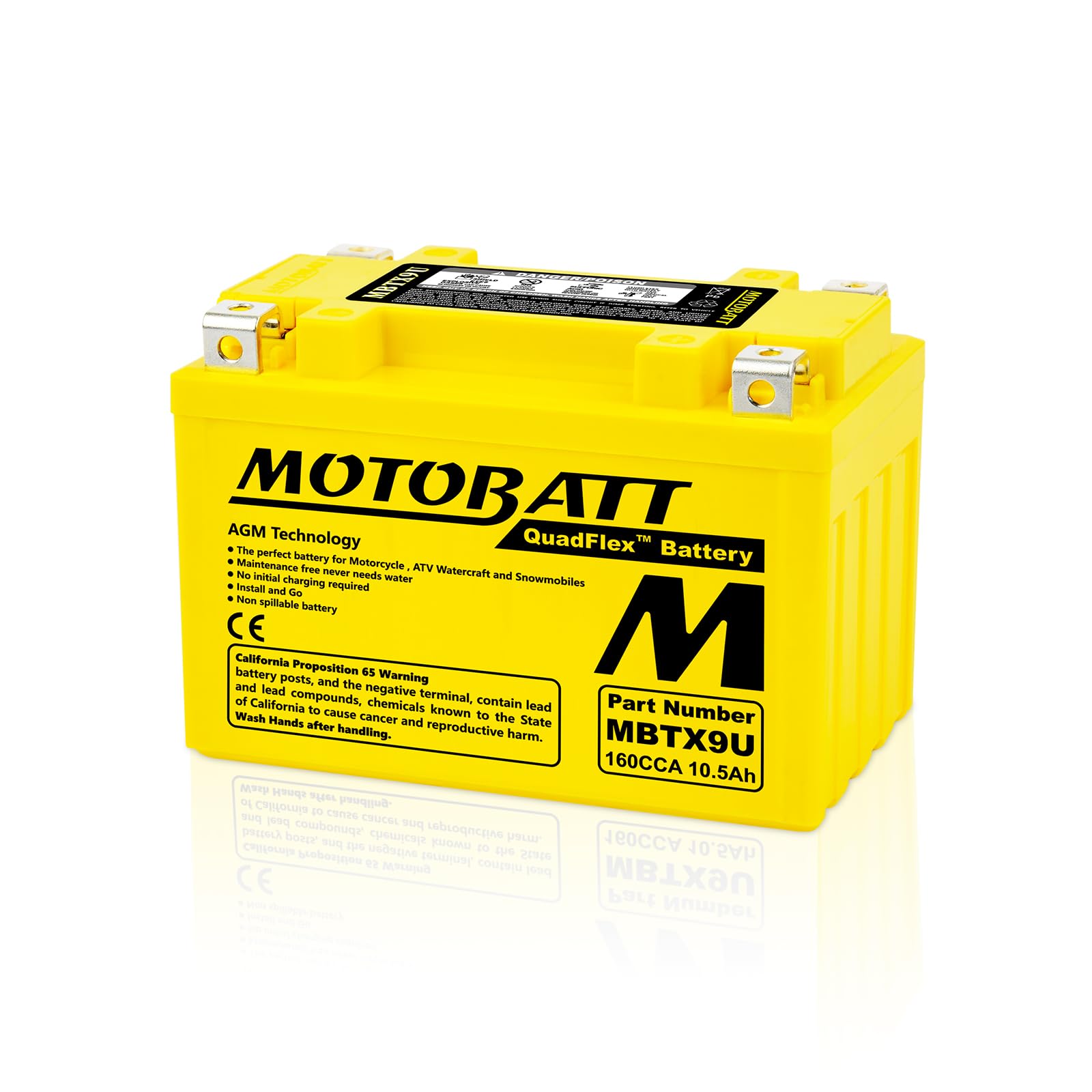 MotoBatt MBTX9U Battery 12V 10.5A 160CCA Factory Activated Quadflex AGM Battery Replaces -YTX9-BS, YT12A-BS, YTZ12S, YTZ14S, ETX9