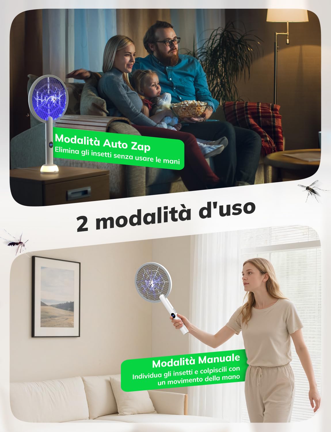 YISSVIC 2 Racchetta Zanzare Elettrica 4000V 1800mAh 2-in-1 Ricaricabile Via USB-C, con Luce UV, Base di Ricarica e Due modalità di Luce Notturna – Bianco
