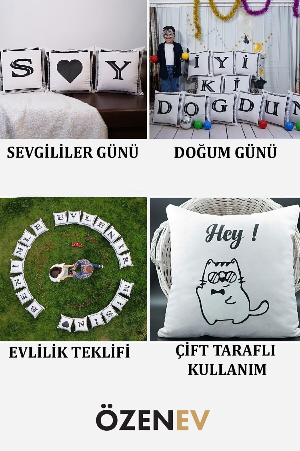 Asdiva Harfli Kırlent Kılıfı Kadife 43X43 Cm Çift Taraflı Ile Ve Sembolü Kedi Desenli Evlilik Teklifi
